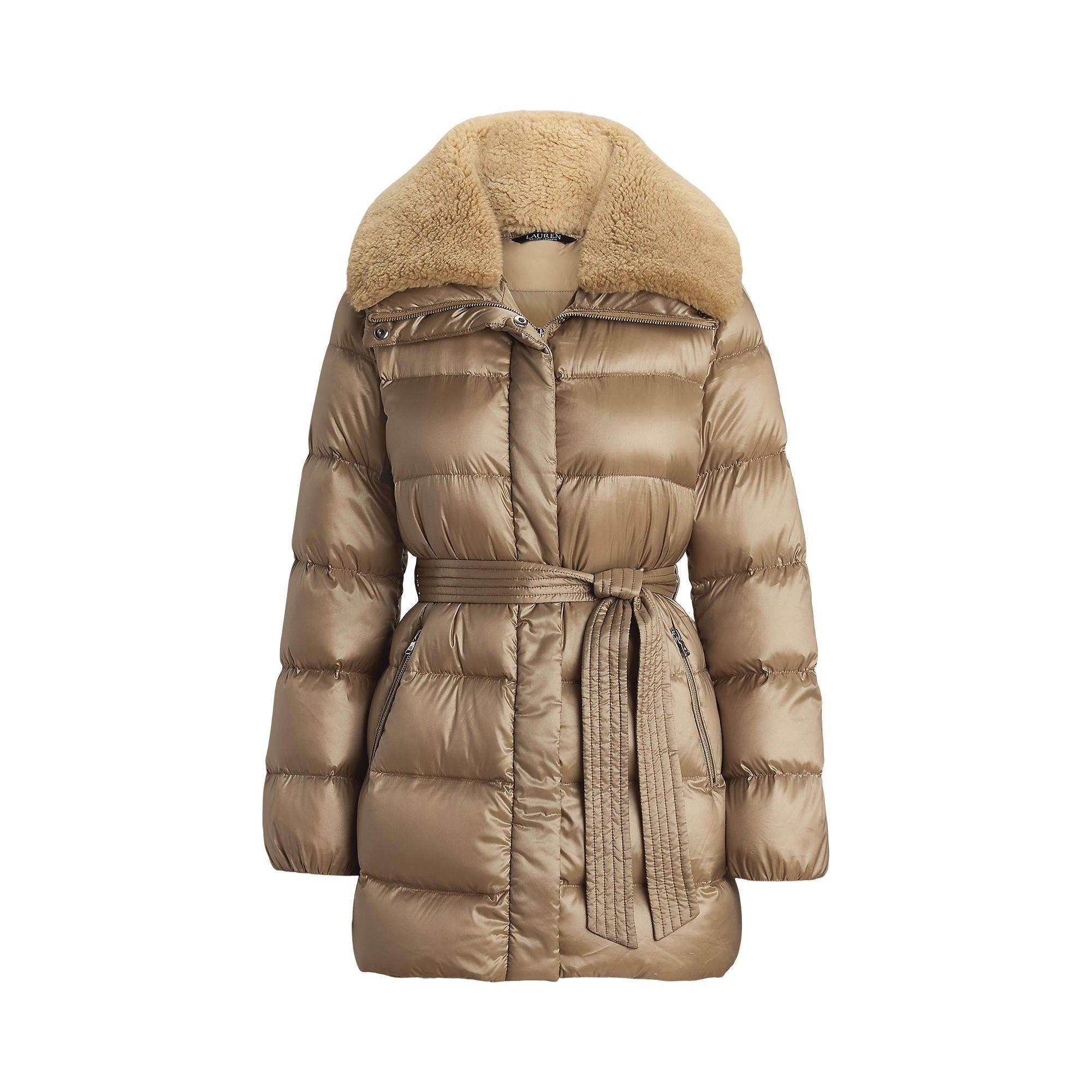 Faux Shearling Trim Belted Wind Resistant Duck Down Short Puffer Jacket