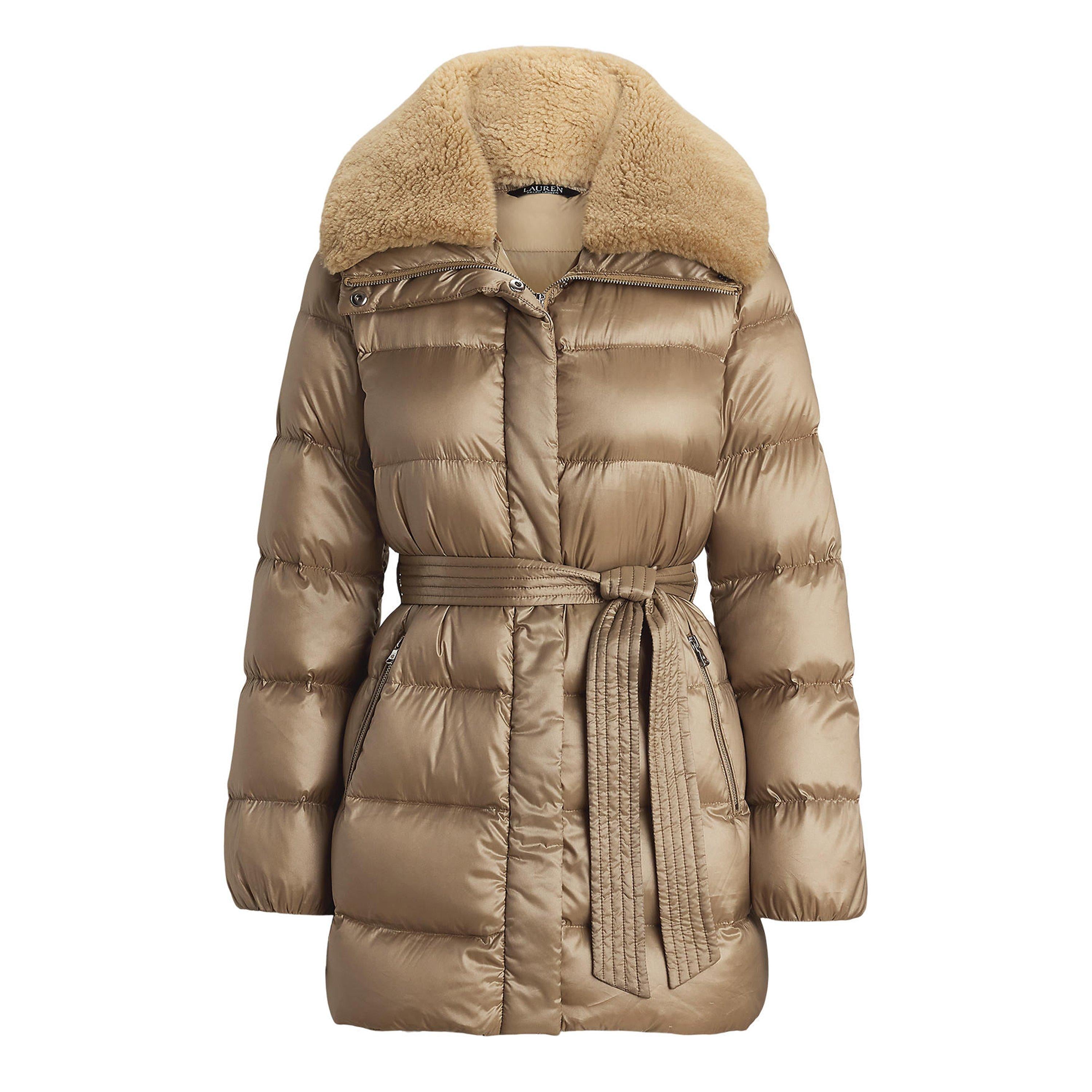 Faux Shearling Trim Belted Wind Resistant Duck Down Short Puffer Jacket