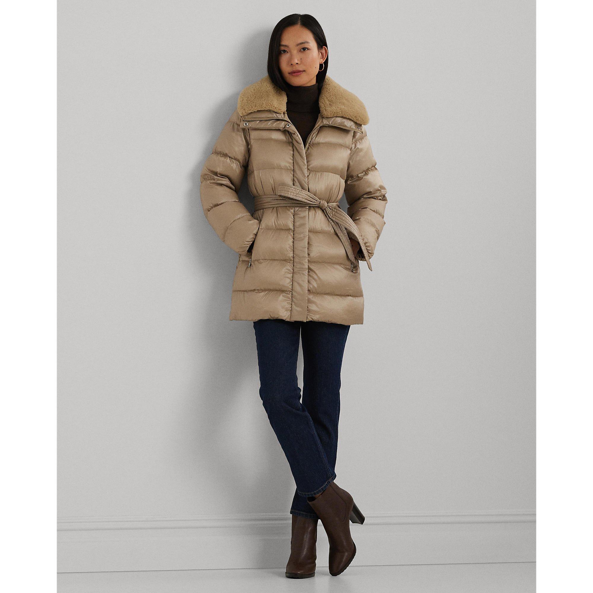 Faux Shearling Trim Belted Wind Resistant Duck Down Short Puffer Jacket