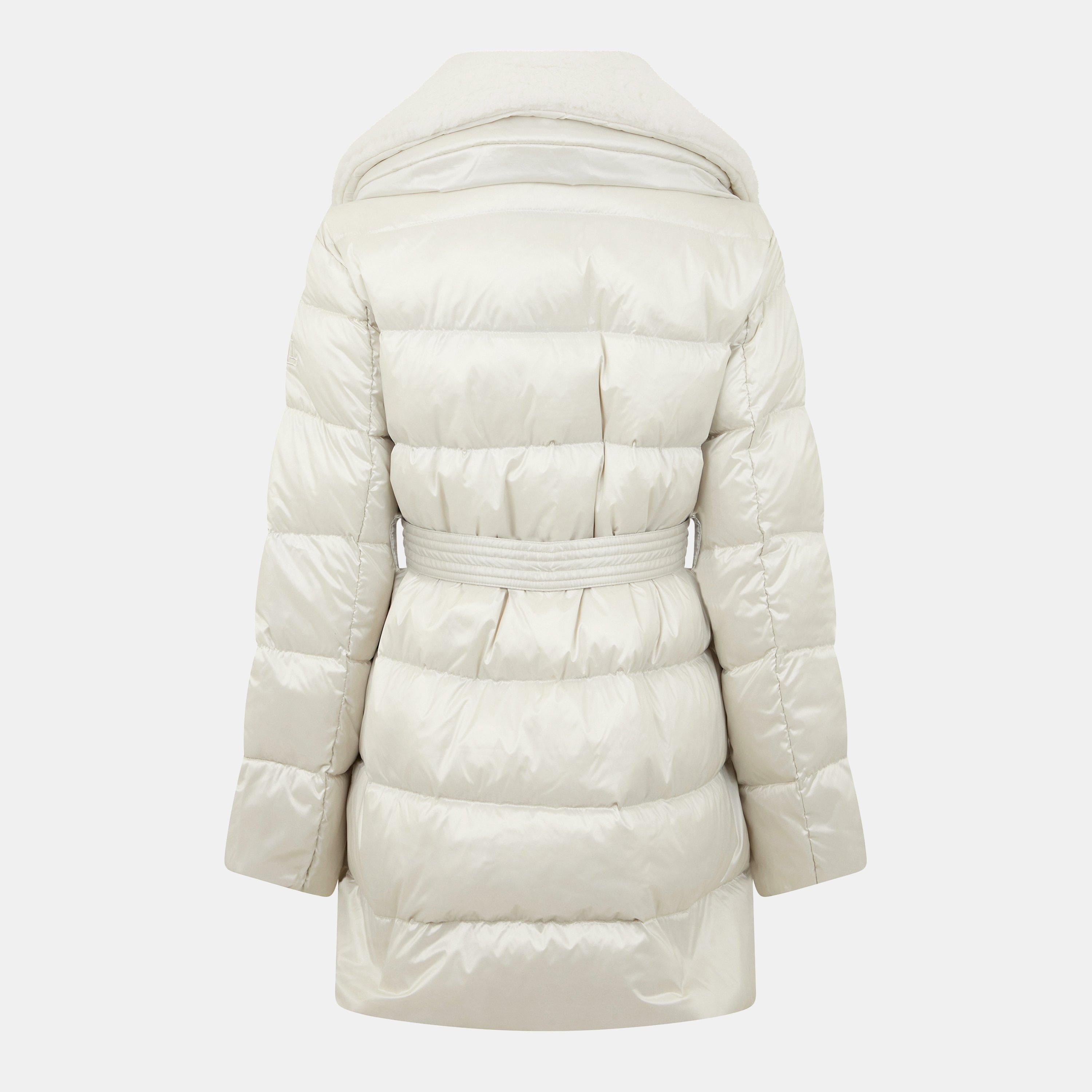 Faux Shearling Trim Belted Wind Resistant Duck Down Short Puffer Jacket