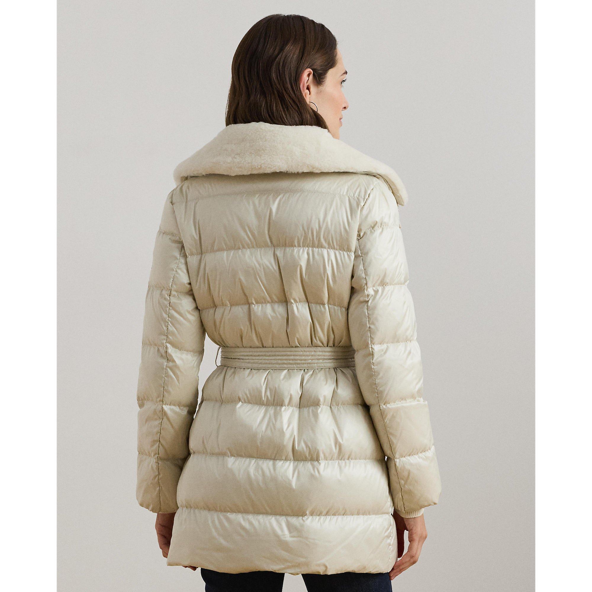 Faux Shearling Trim Belted Wind Resistant Duck Down Short Puffer Jacket
