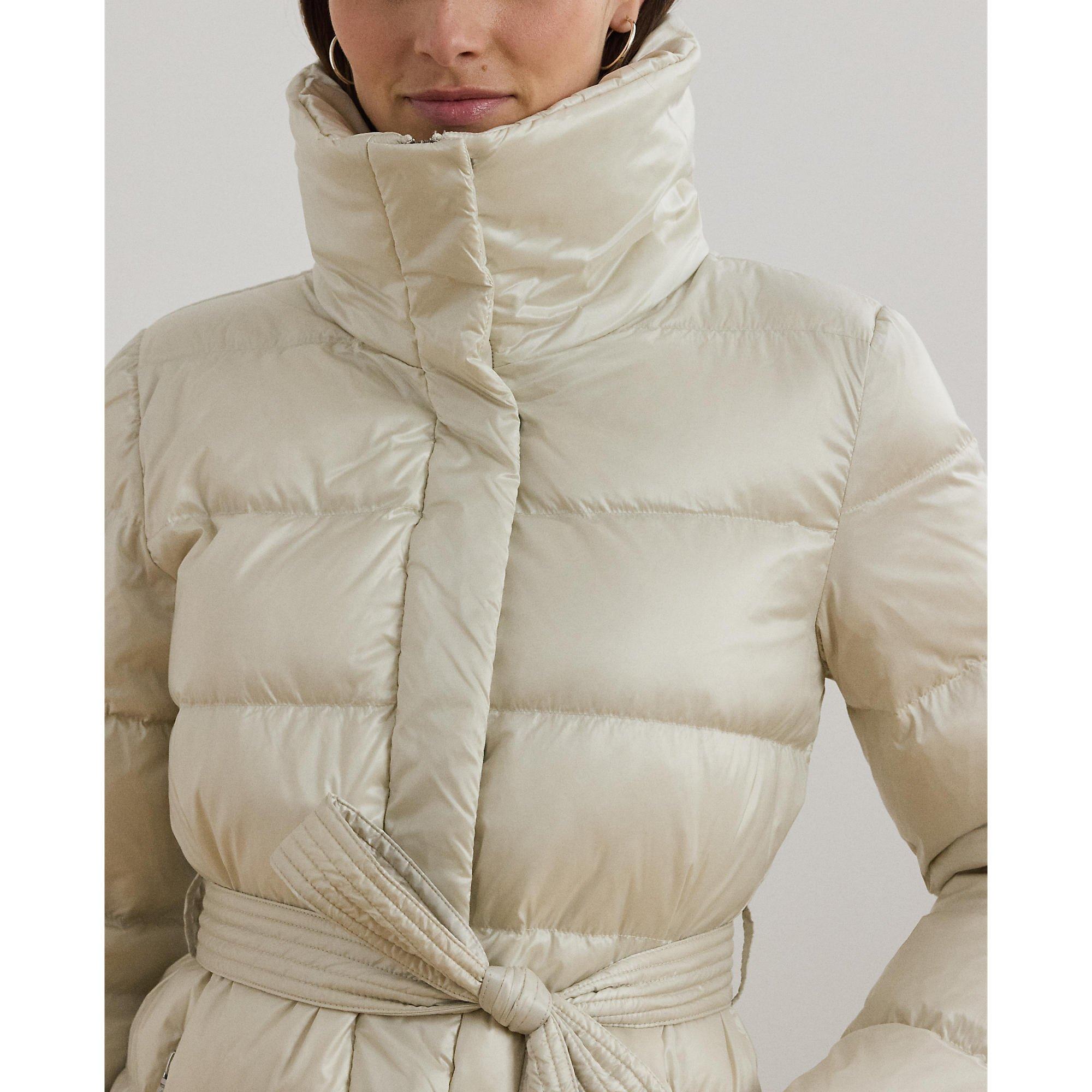 Faux Shearling Trim Belted Wind Resistant Duck Down Short Puffer Jacket