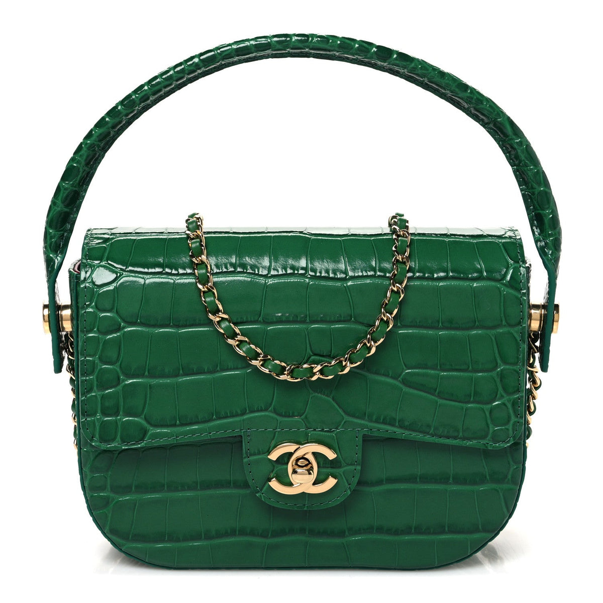 Chanel Calfskin Crocodile Embossed Turn Around Mini Flap Emerald
