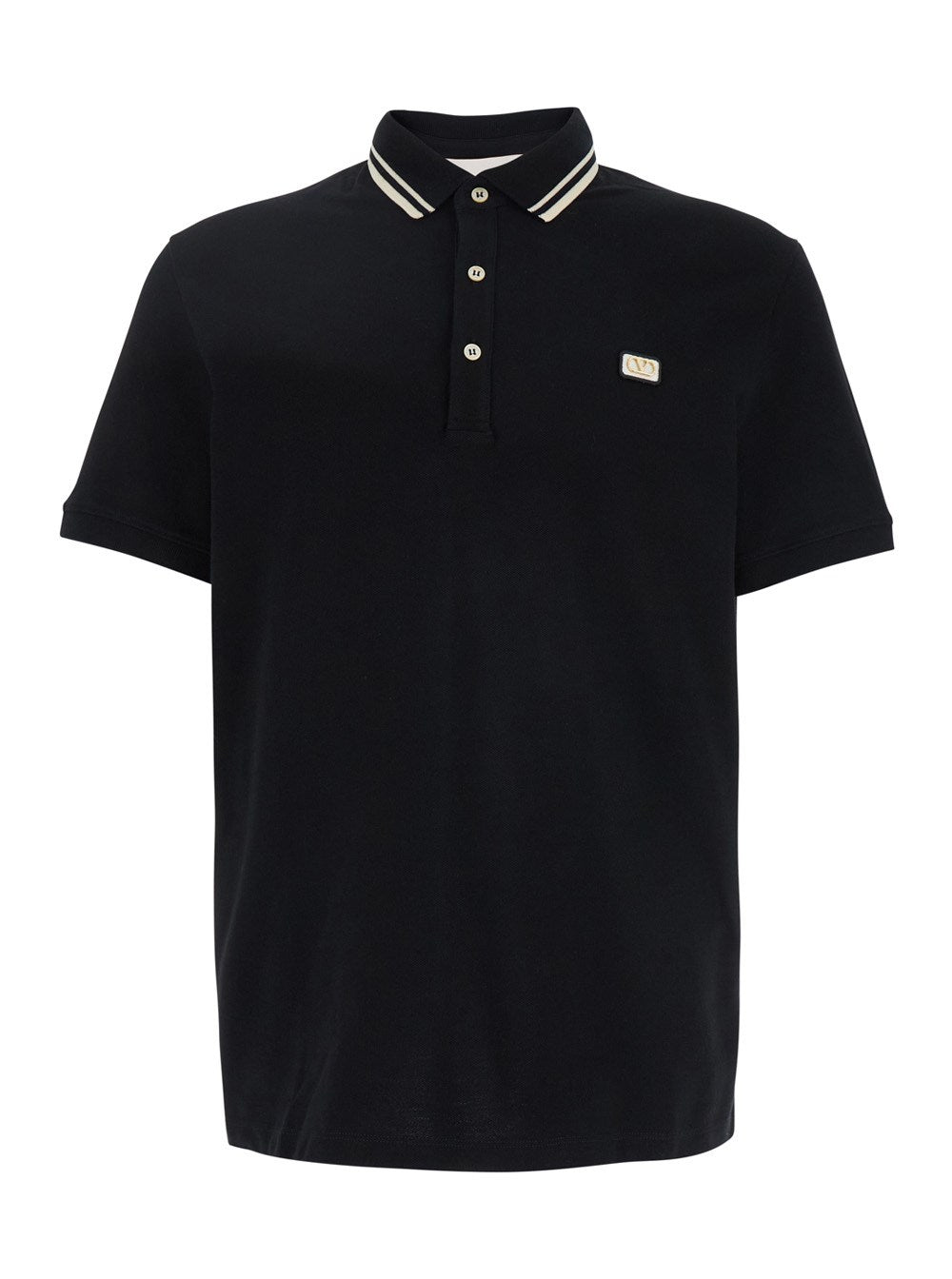 Valentino Black Polo Shirt with Classic Bicolor Collar and Logo Patch on the Front in Cotton Man