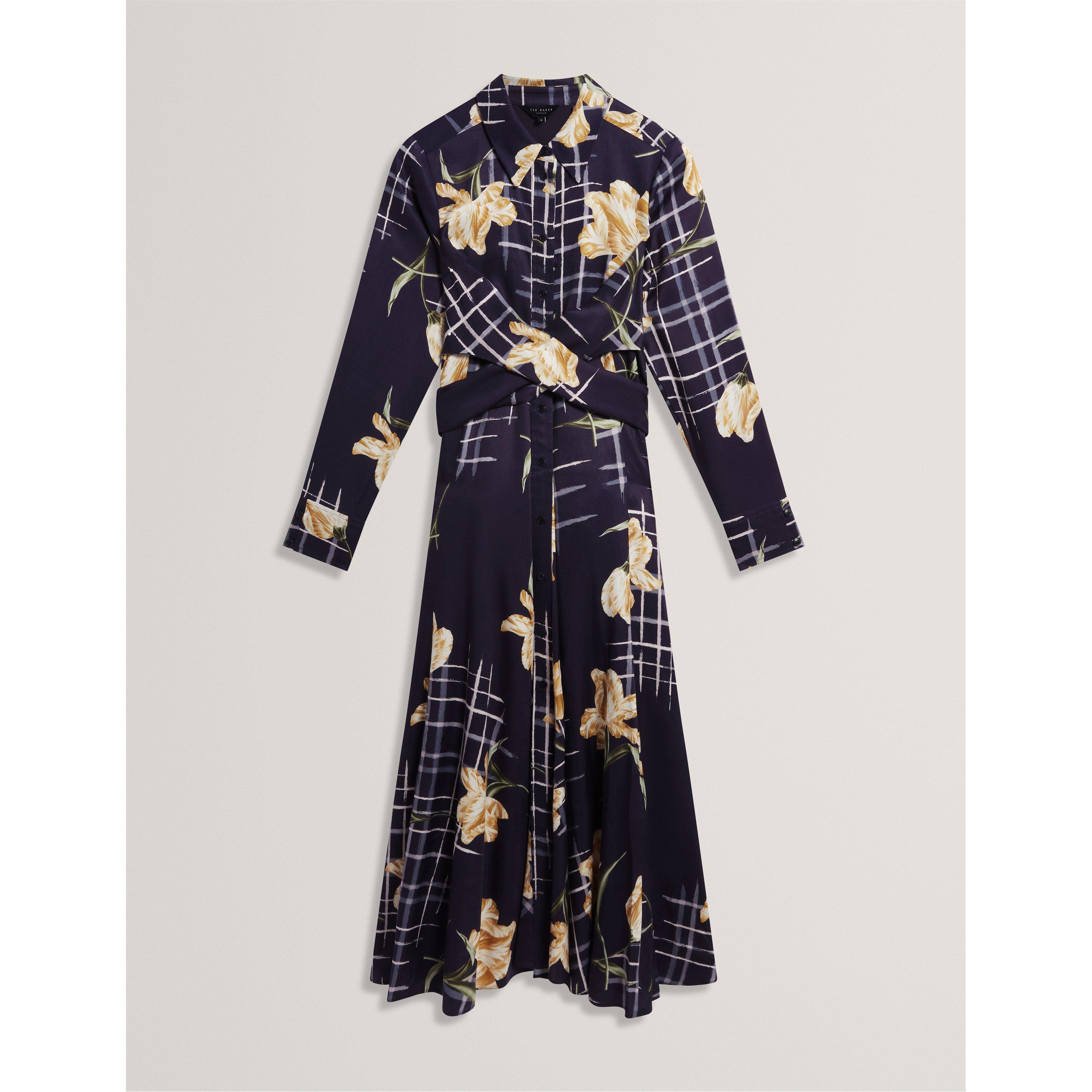 Long Sleeve Print Midi Wrap Dress