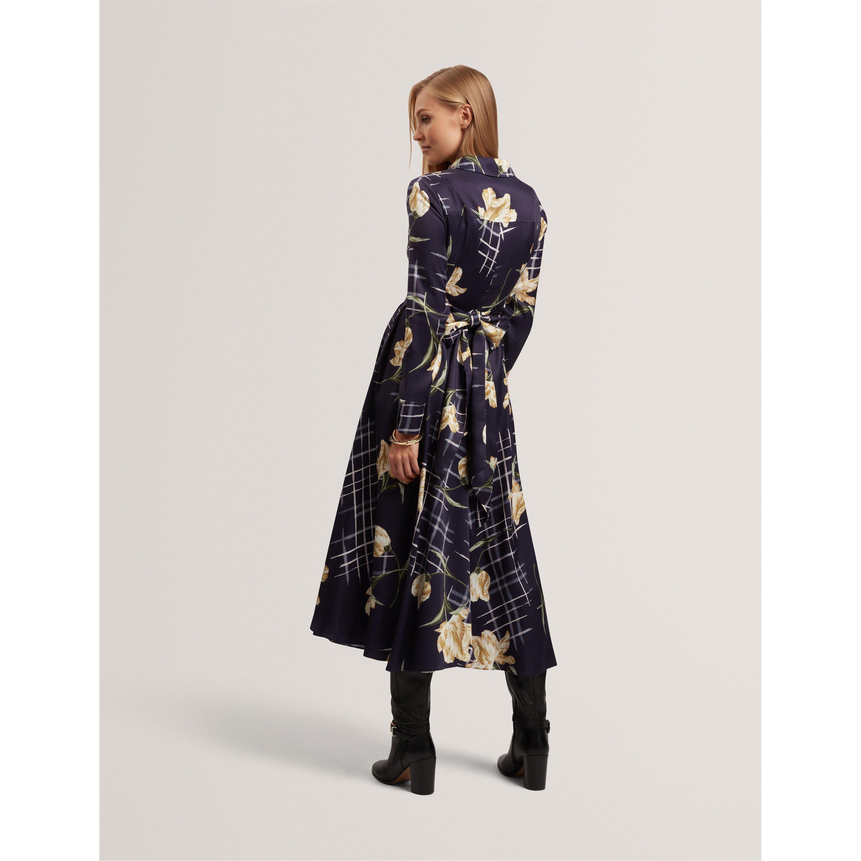Long Sleeve Print Midi Wrap Dress