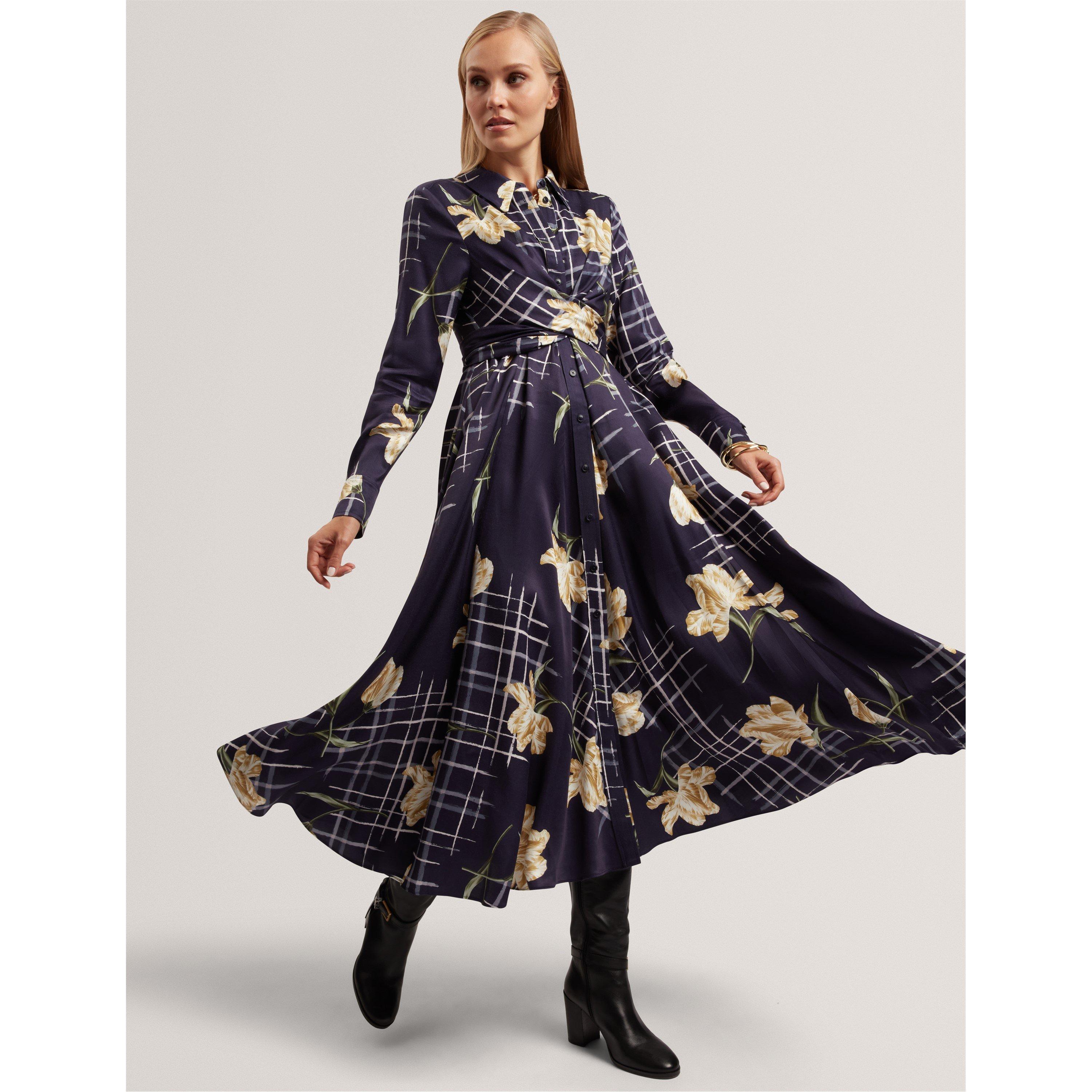 Long Sleeve Print Midi Wrap Dress