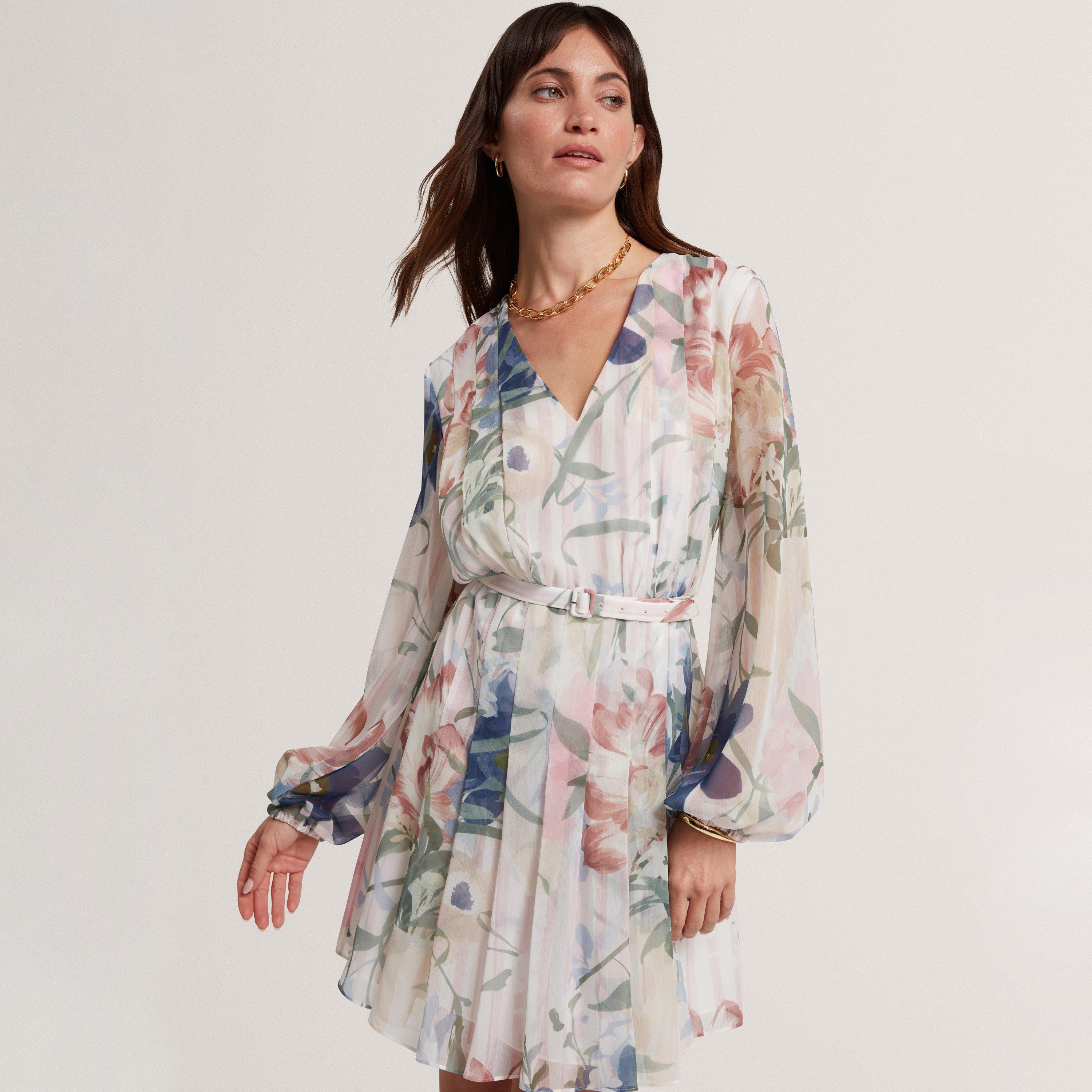 Ted Baker Floral Pleated Long Sleeve Mini Dress