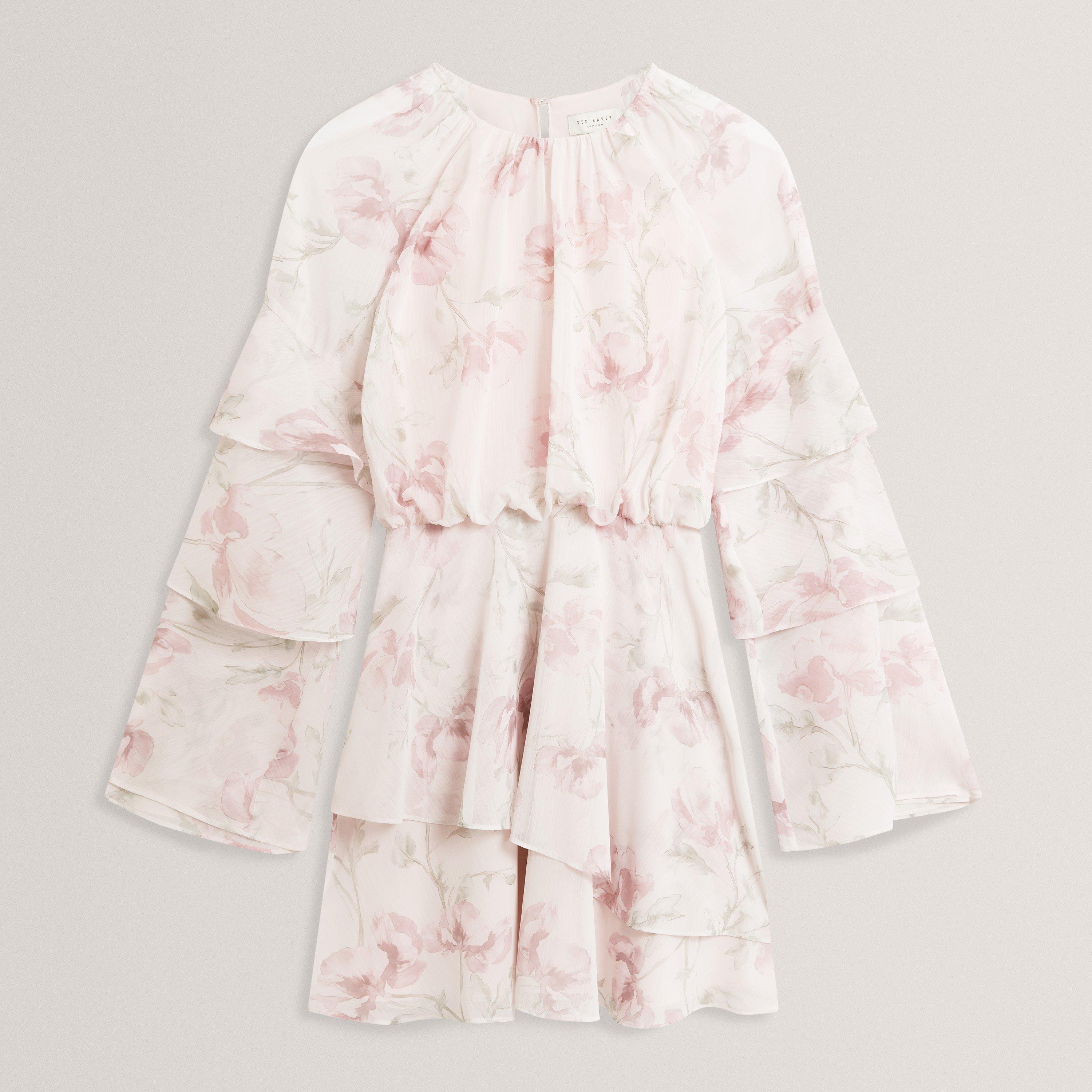 Ted Baker Rose Print Frilled Long Sleeve Mini Dress