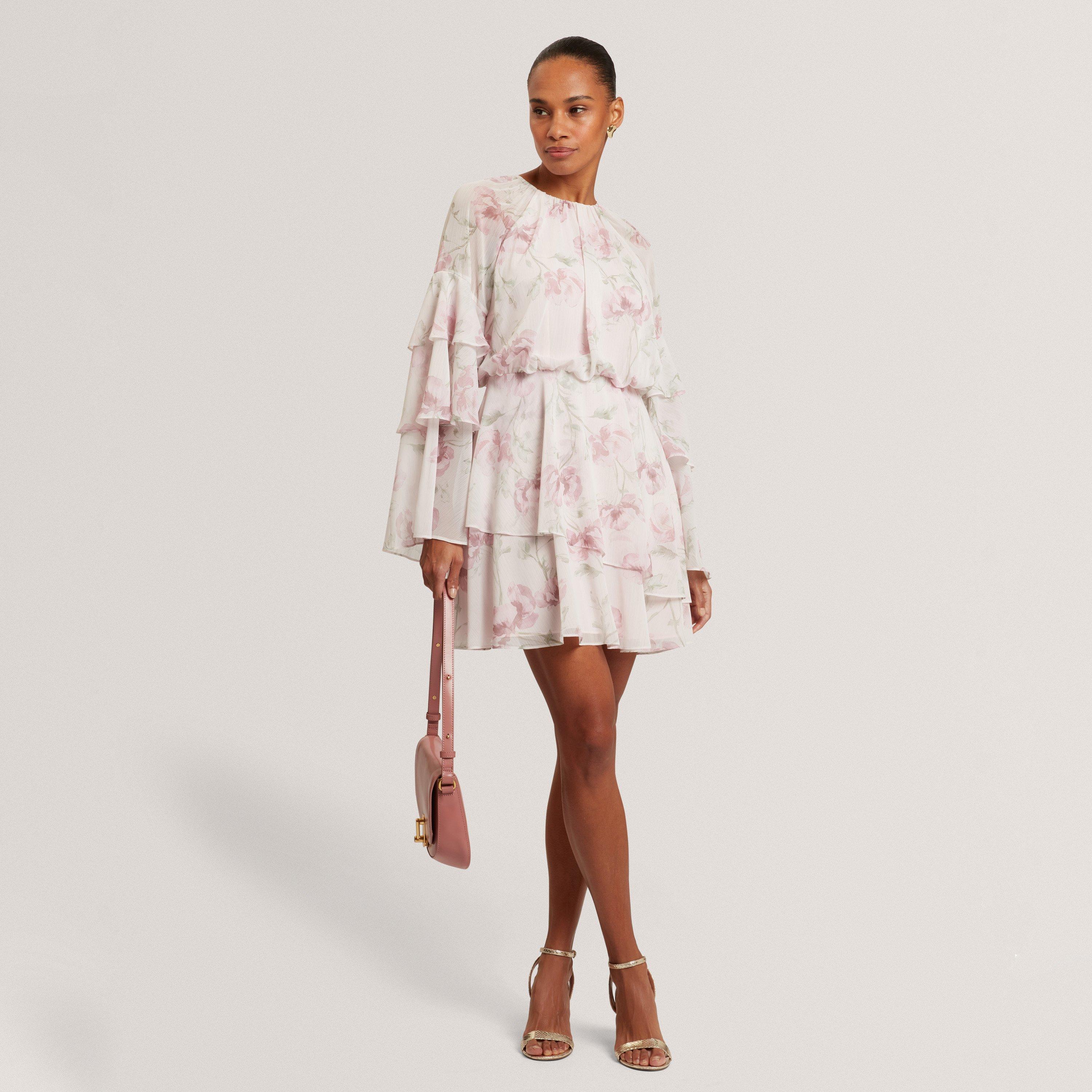 Ted Baker Rose Print Frilled Long Sleeve Mini Dress