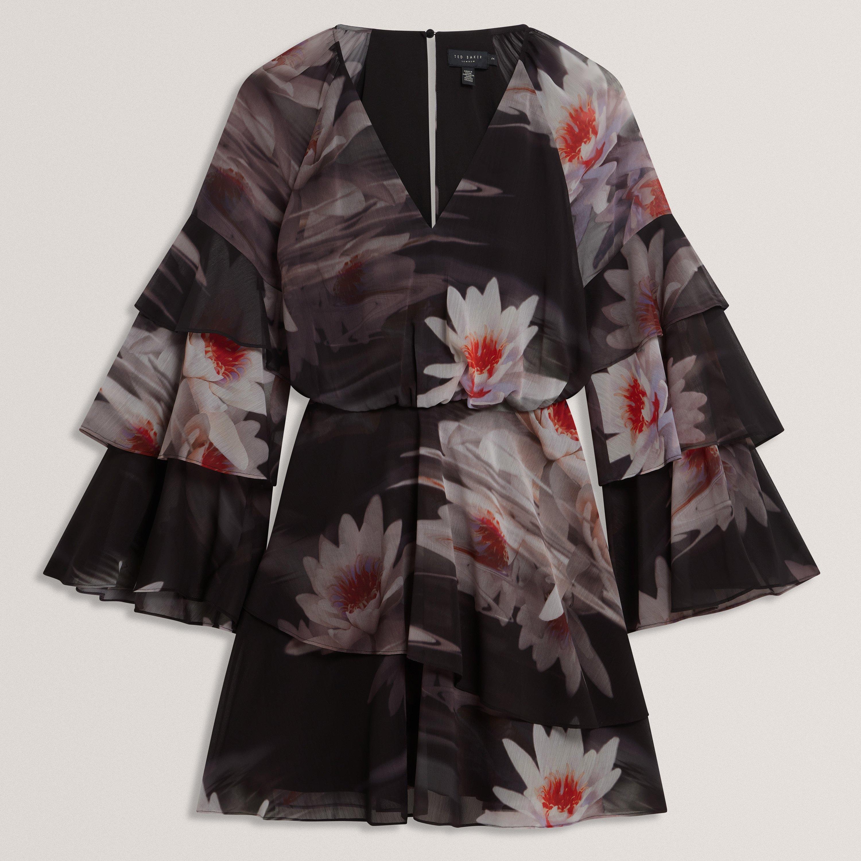 Ted Baker Lily Print Frilled Long Sleeve Mini Dress