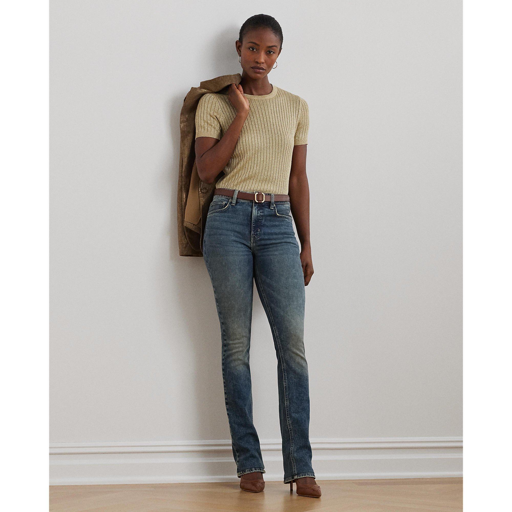 Metallic Rib-Knit Short-Sleeve Jumper