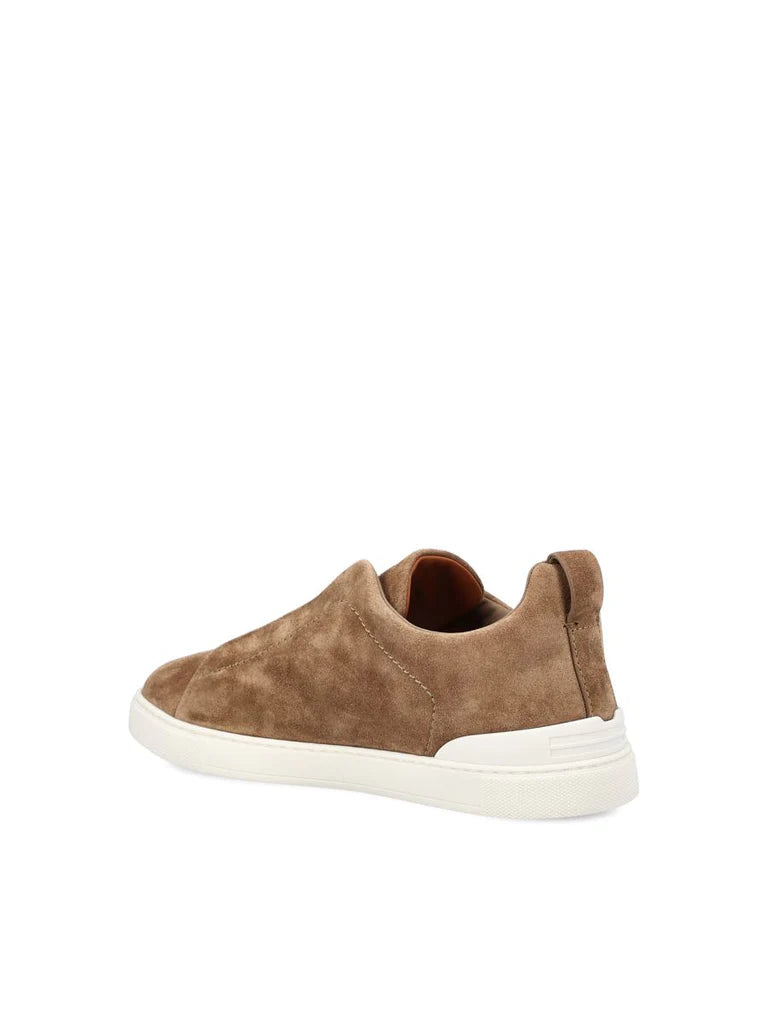 Zegna Men’s Triple Stitch™ Beige Suede Slip-On Sneakers – Made in Italy | Elegant Smart-Casual Footwear
