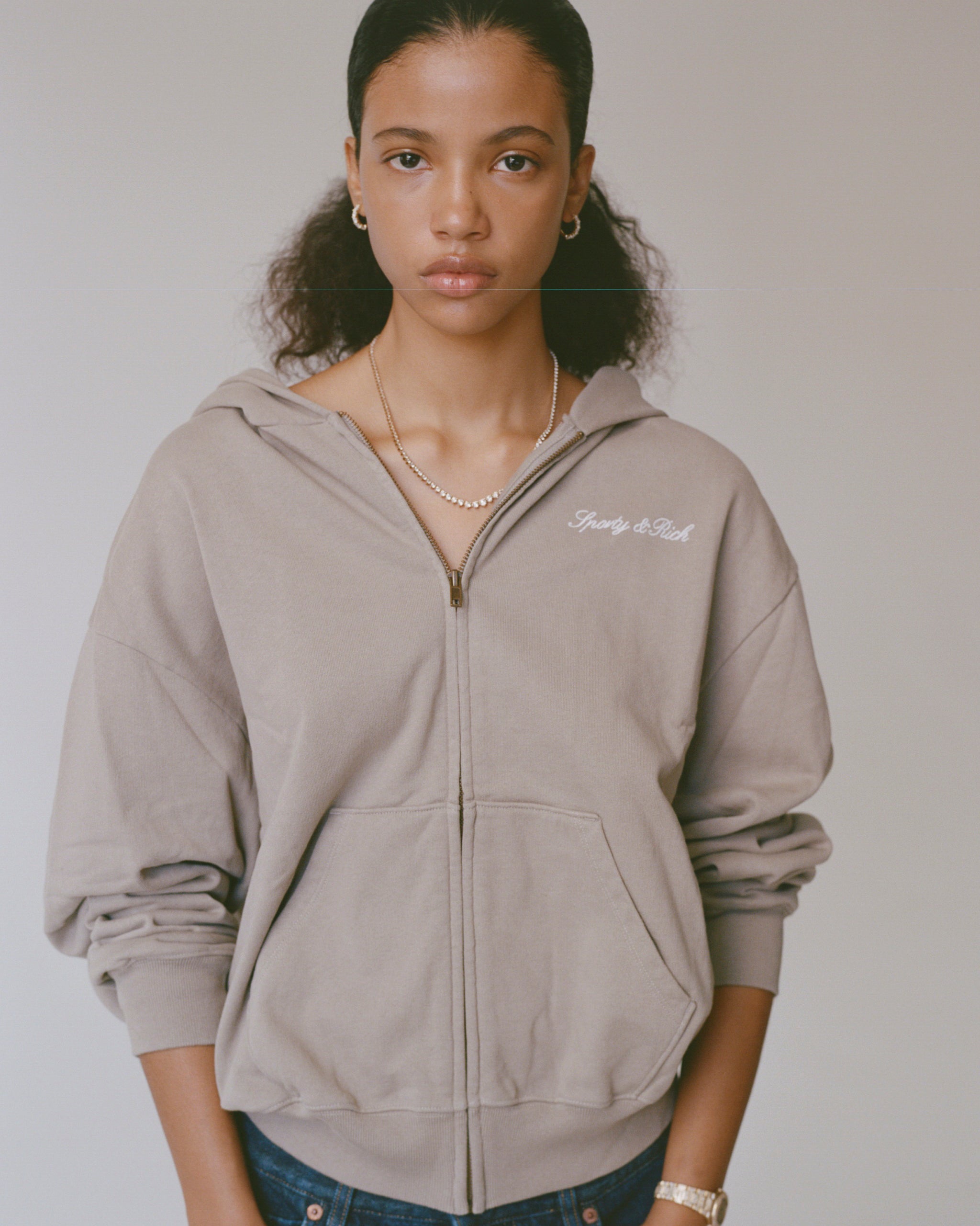 Signature Logo Embroidered Zip Hoodie - Hazelnut/White