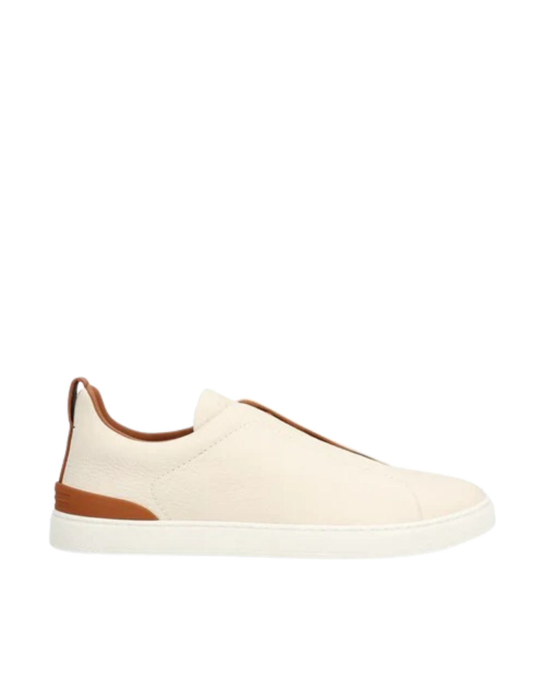 Zegna Men’s Triple Stitch™ White & Brown Deerskin Slip-On Sneakers – Made in Italy | Luxury Casual Footwear
