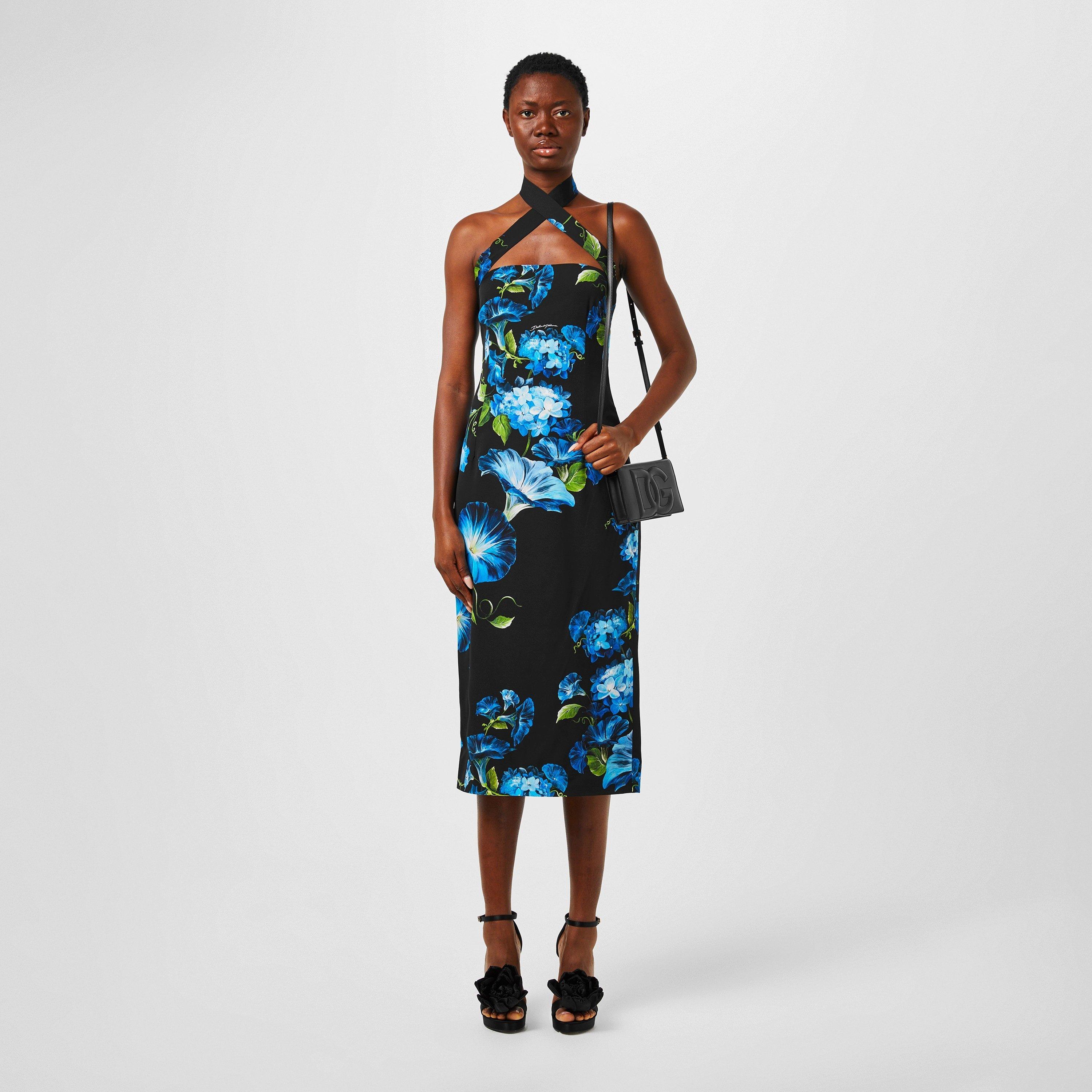 Floral Print Flared Hem Stretch Silk Midi Dress
