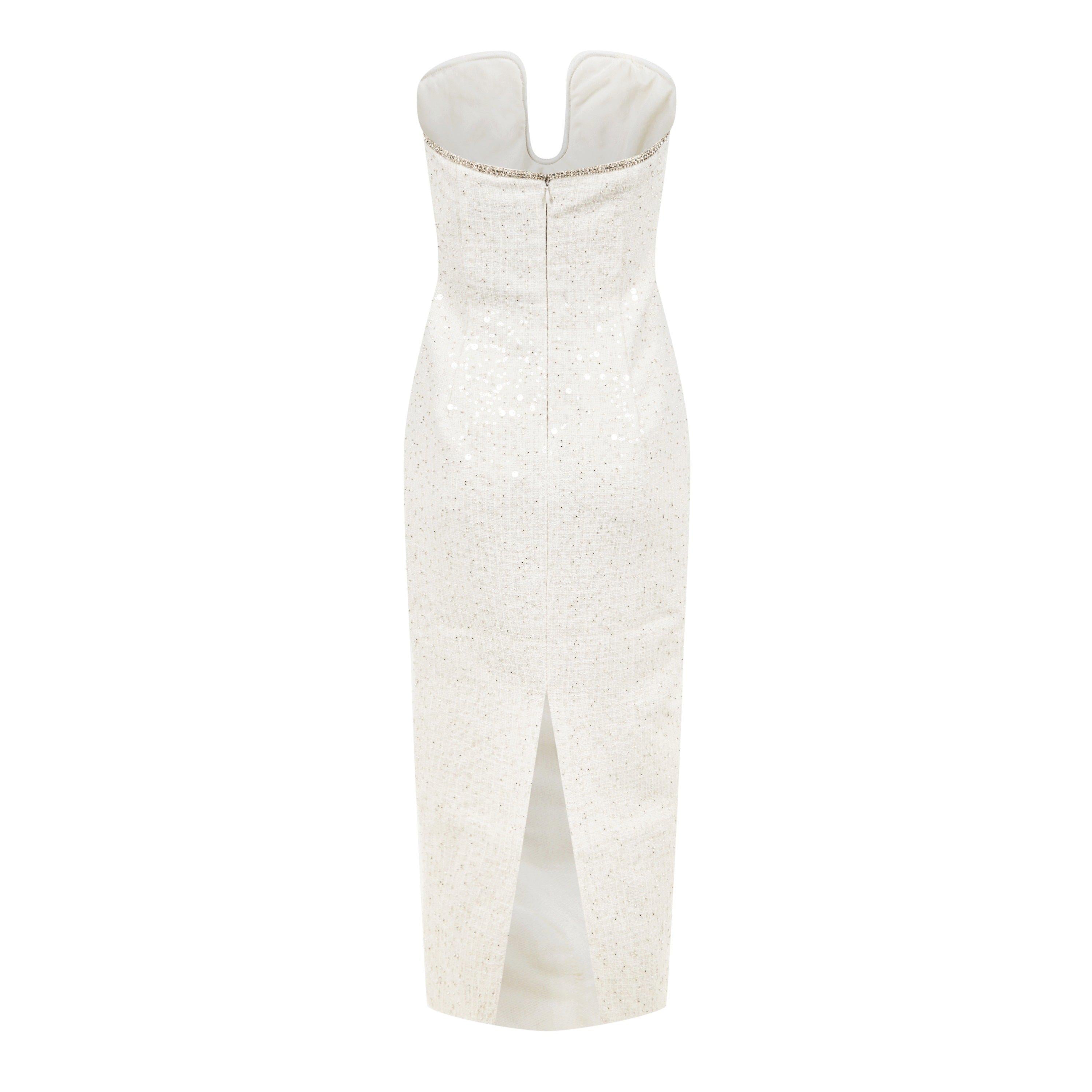 Sequin Boucle Strapless Midi Dress