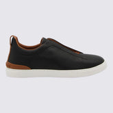 Zegna Men’s Black Pebbled Leather Sneakers – Lace-Up with Brown Accents & Rubber Sole