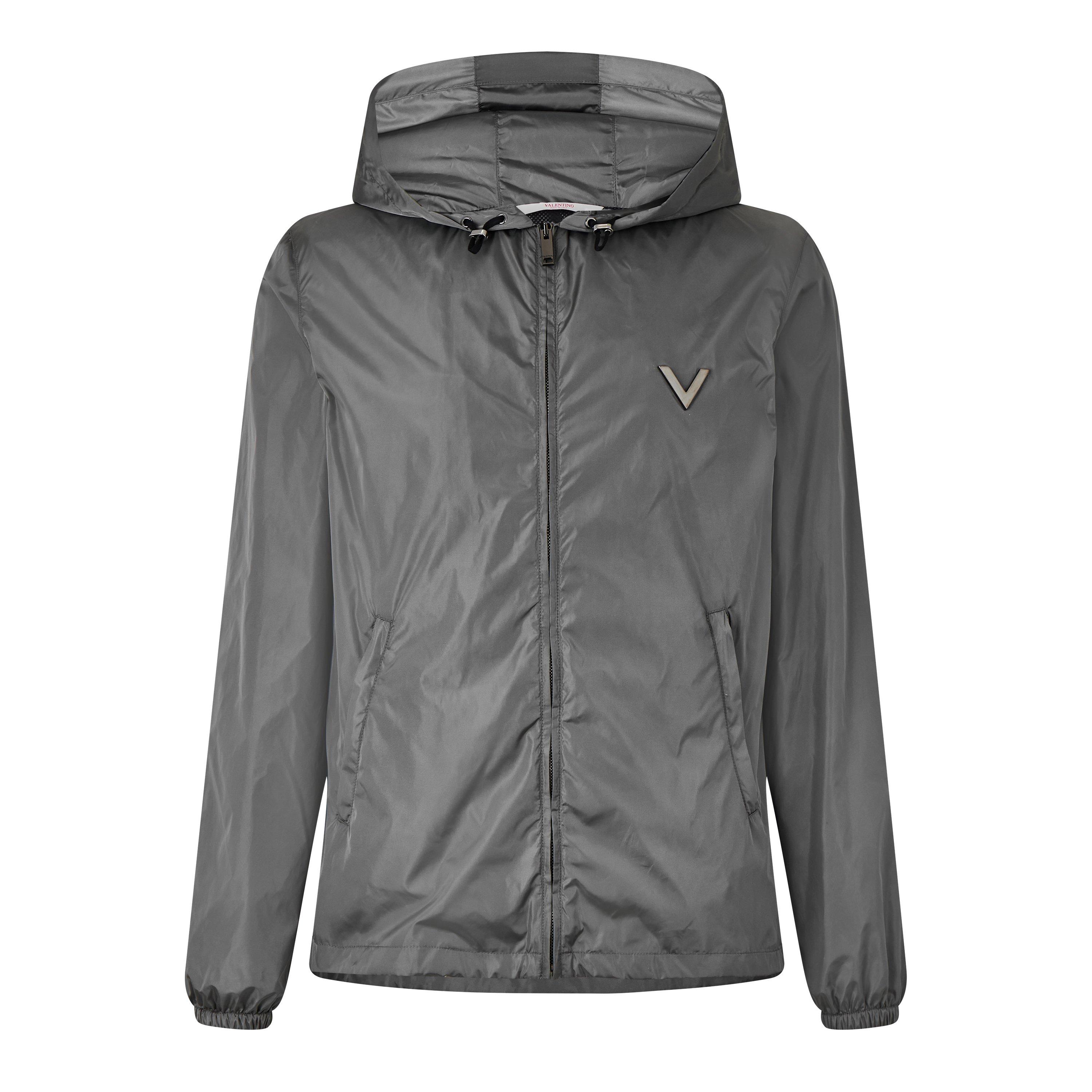 V Logo Wind Resistant Hooded Long Sleeve Windbreaker