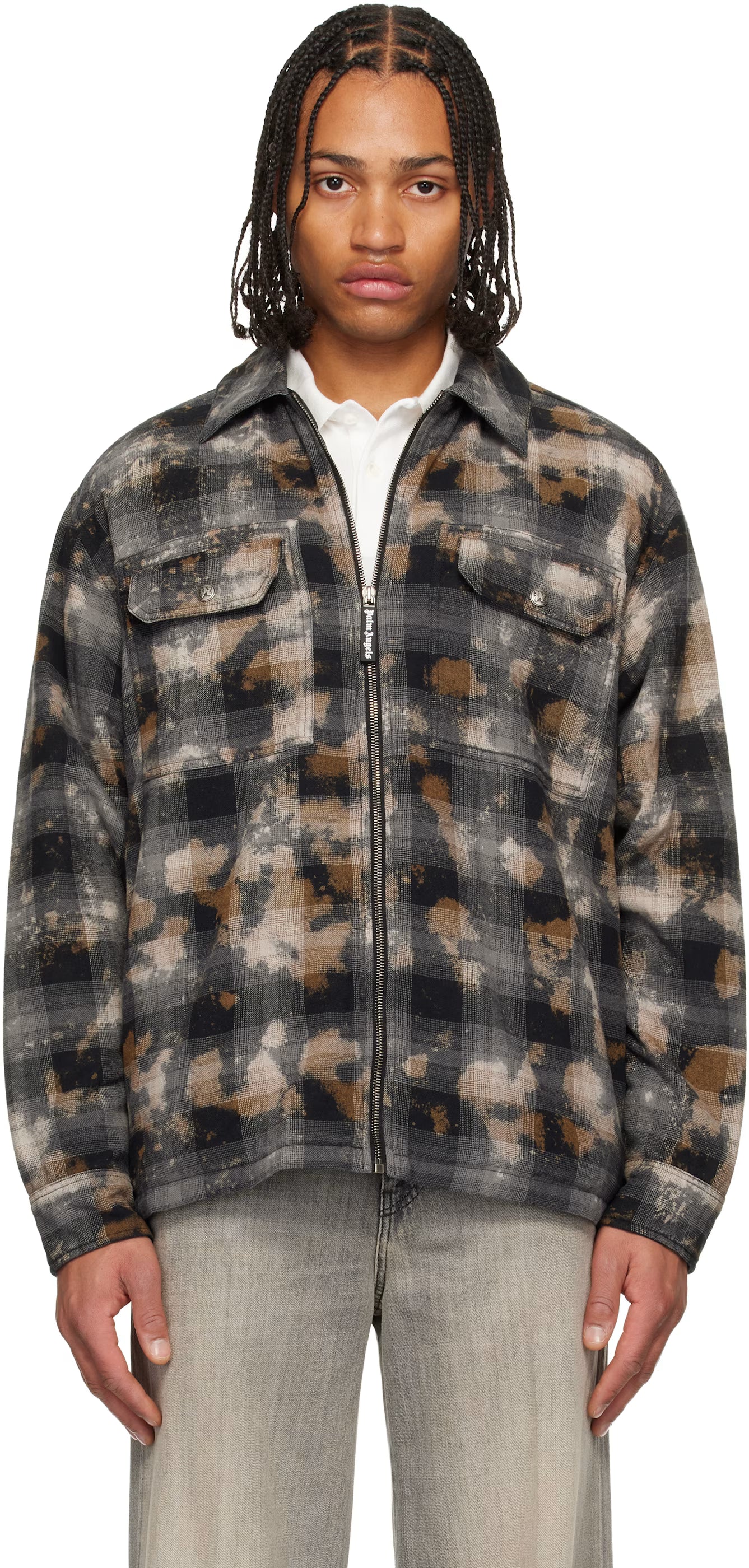 Gray & Brown Curved Logo Check Overshirt