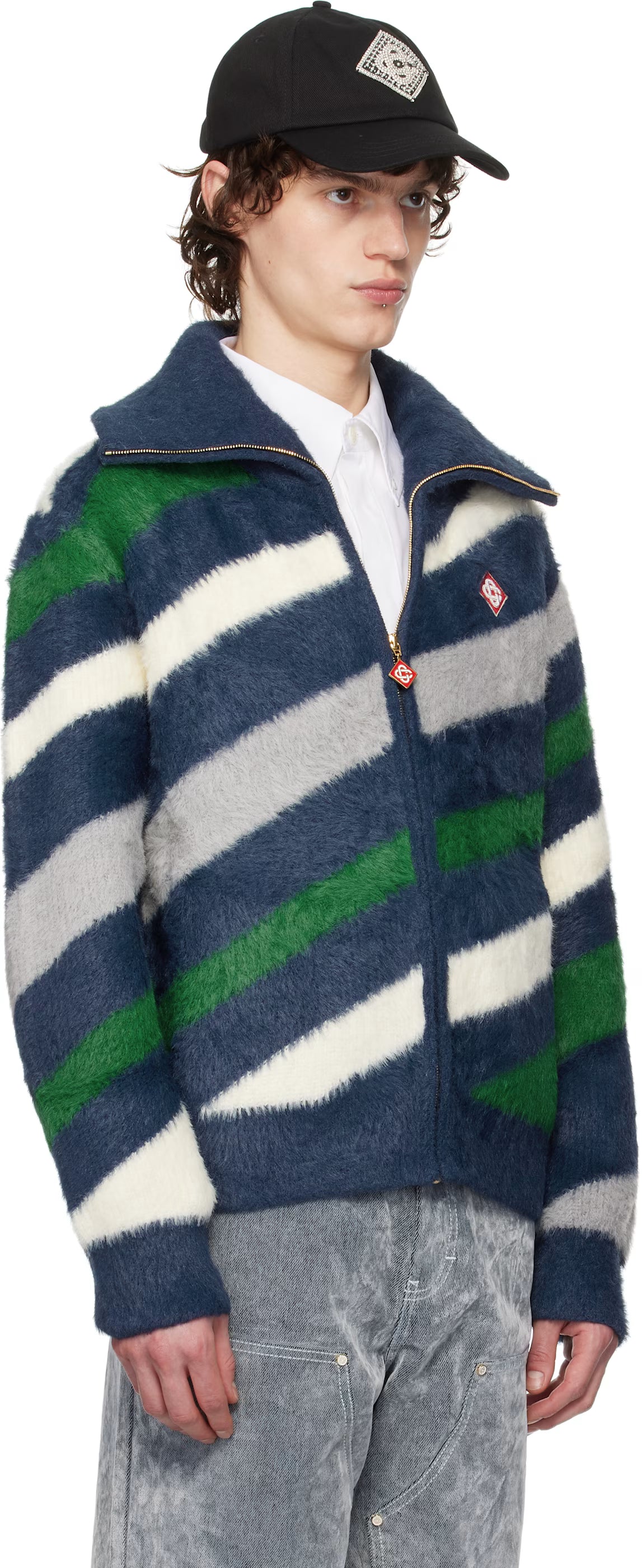 Navy Striped Fluffy Zip Up Jacket