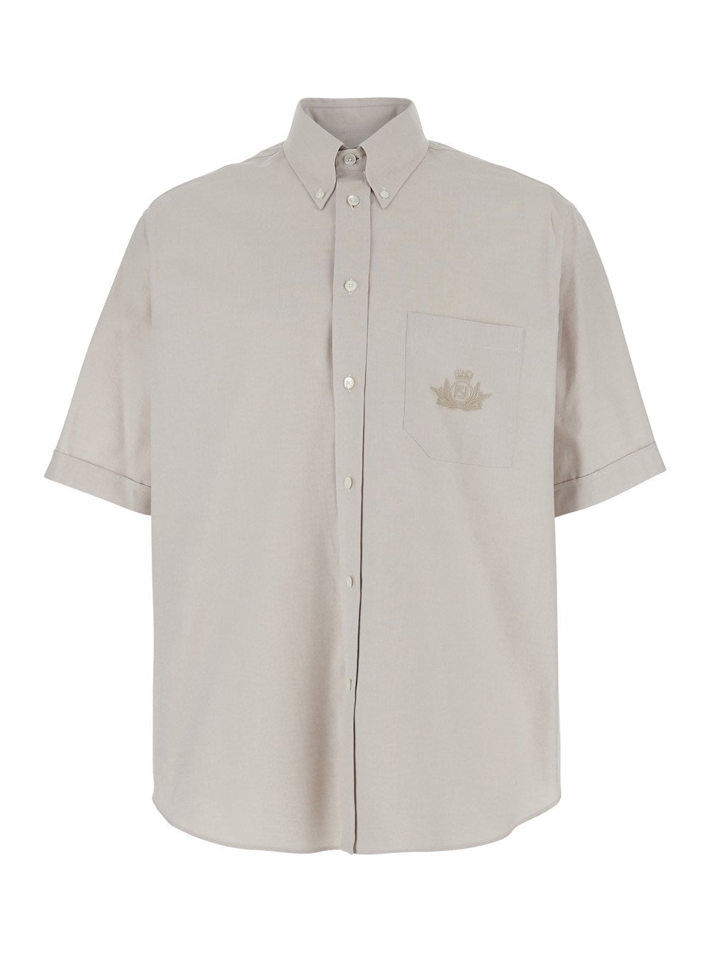 Fendi Beige Shirt with Button-Down Collar and Logo Embroidery on the Front in Cotton Man