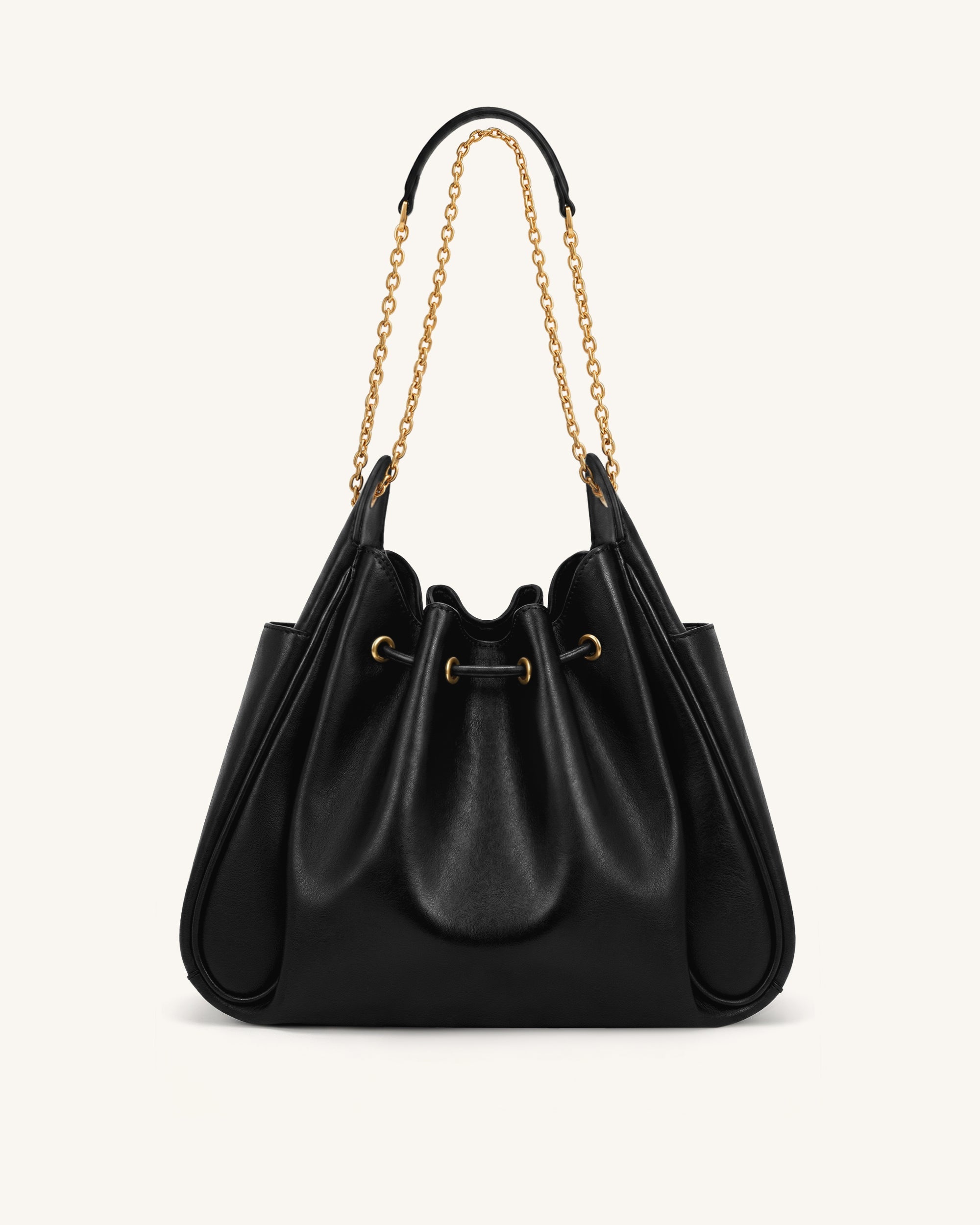 Rowan Ruched Drawstring Chain Bucket Bag - Ivory