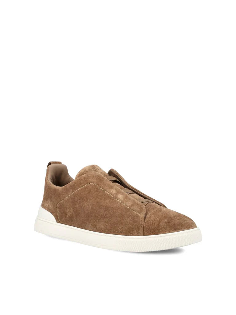 Zegna Men’s Triple Stitch™ Beige Suede Slip-On Sneakers – Made in Italy | Elegant Smart-Casual Footwear