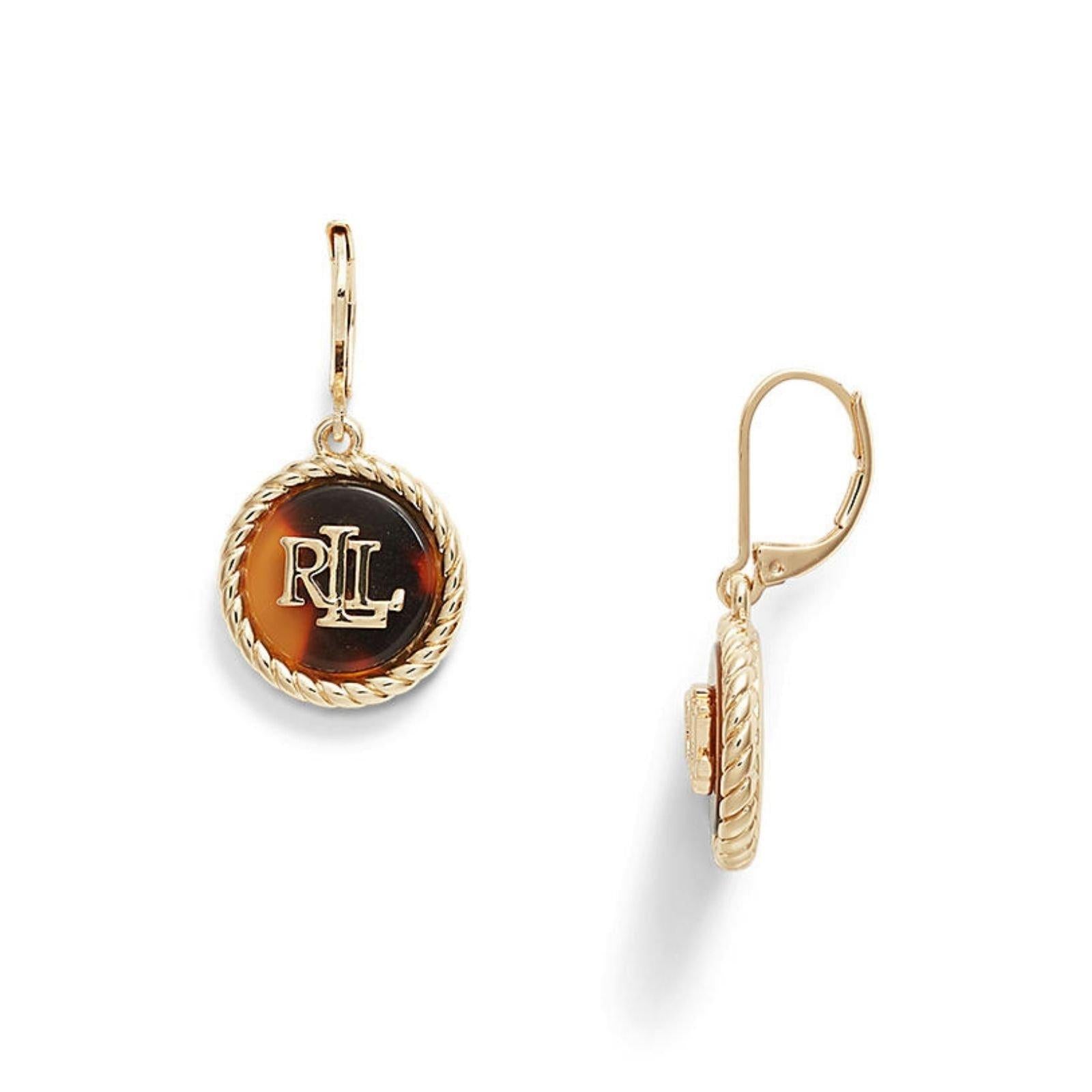 Lauren Ralph Lauren Tortoise & Gold Logo Drop Earrings
