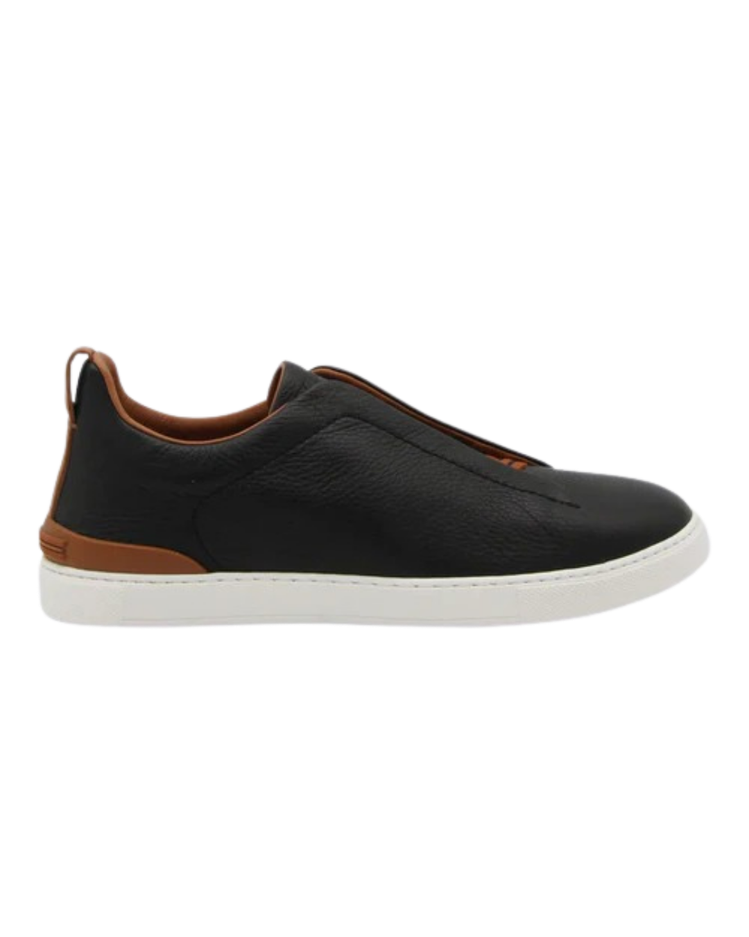 Zegna Men’s Black Pebbled Leather Sneakers – Lace-Up with Brown Accents & Rubber Sole