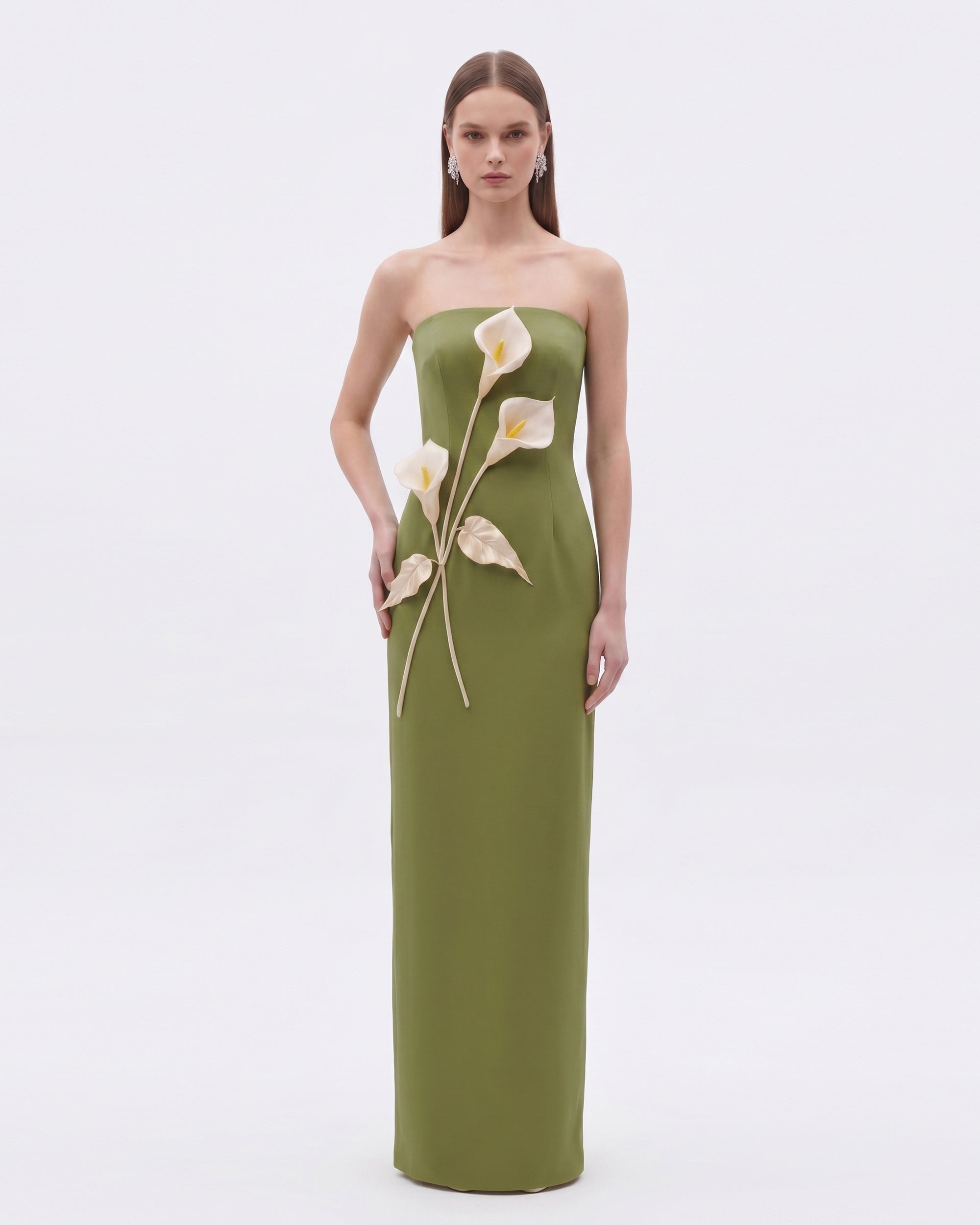 Floral Appliqué Strapless Dress - Cream Ivory