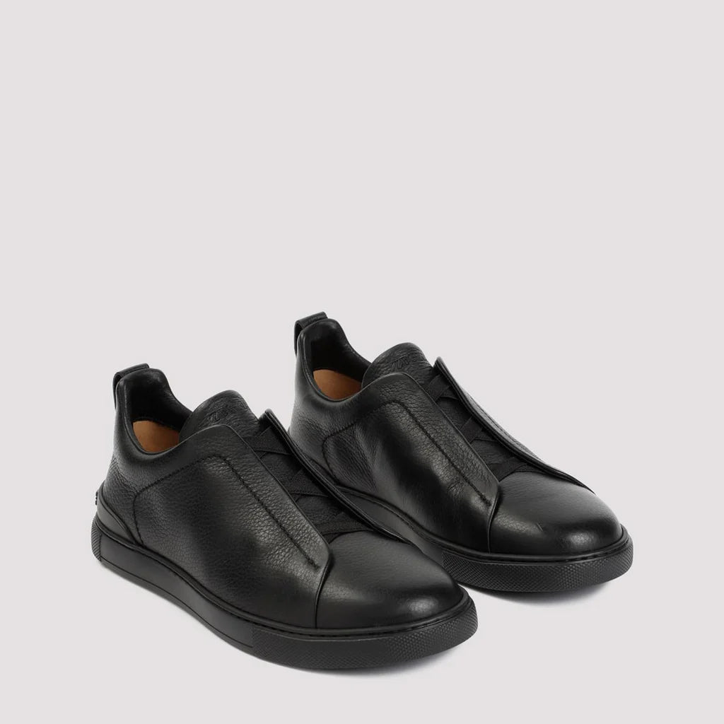 Zegna Men’s Triple Stitch™ Black Deer Leather Slip-On Sneakers – Ultra-Light Sole | Luxury Casual Footwear