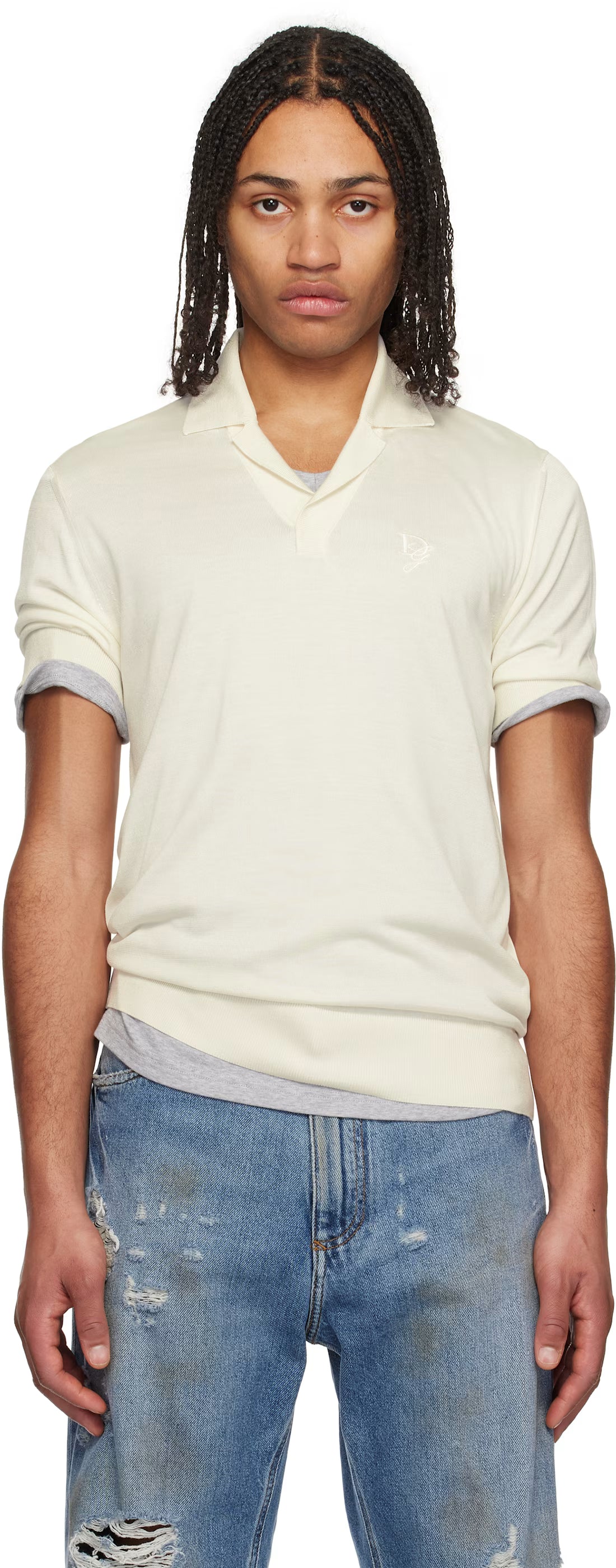 Dolce&Gabbana Off-White Logo Embroidered Silk Polo