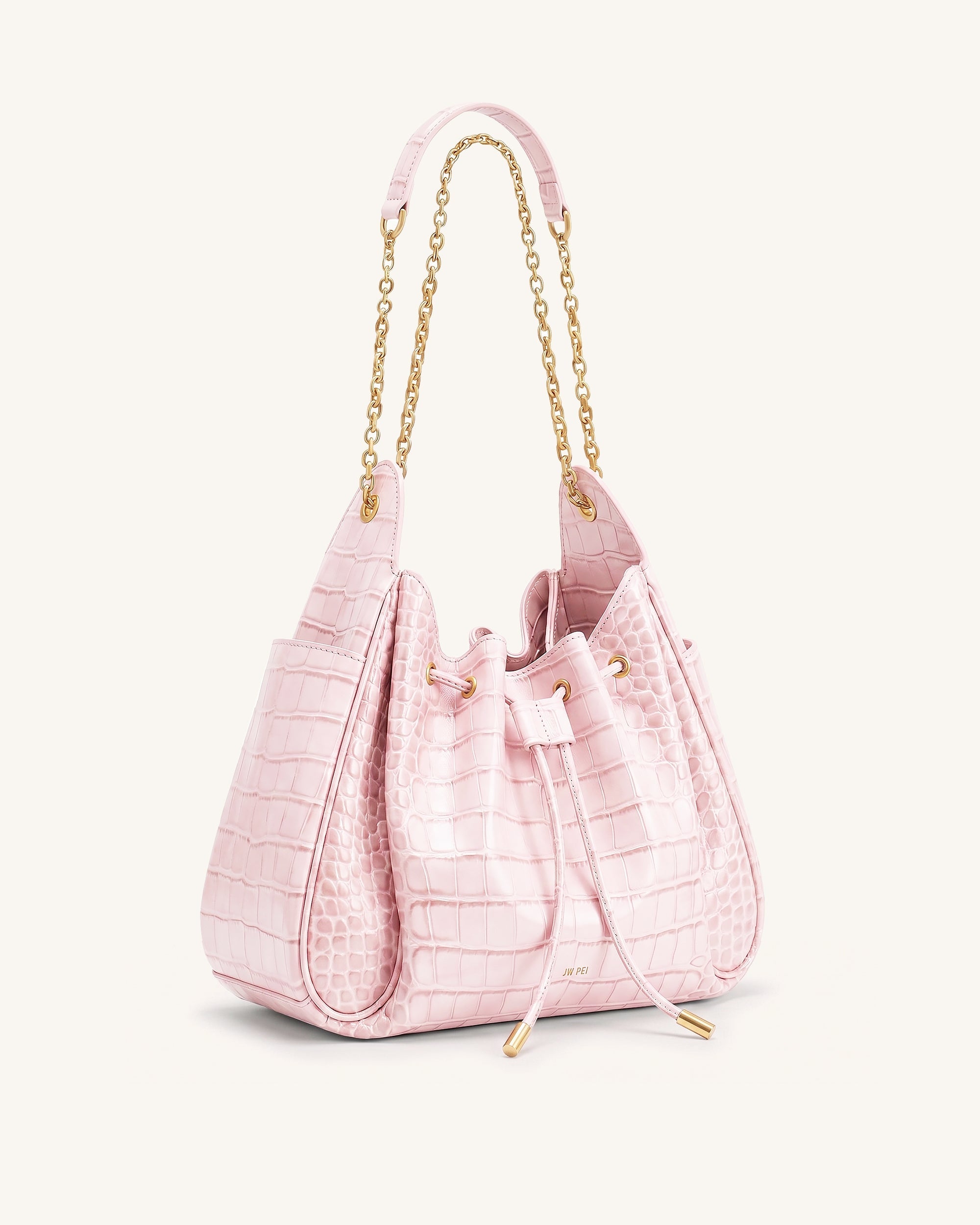 Rowan Ruched Drawstring Chain Bucket Bag - Dark Red Croc