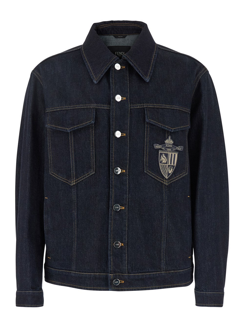 Fendi Blue Jacket with Classic Collar and Logo Embroidery on the Front in Denim Man