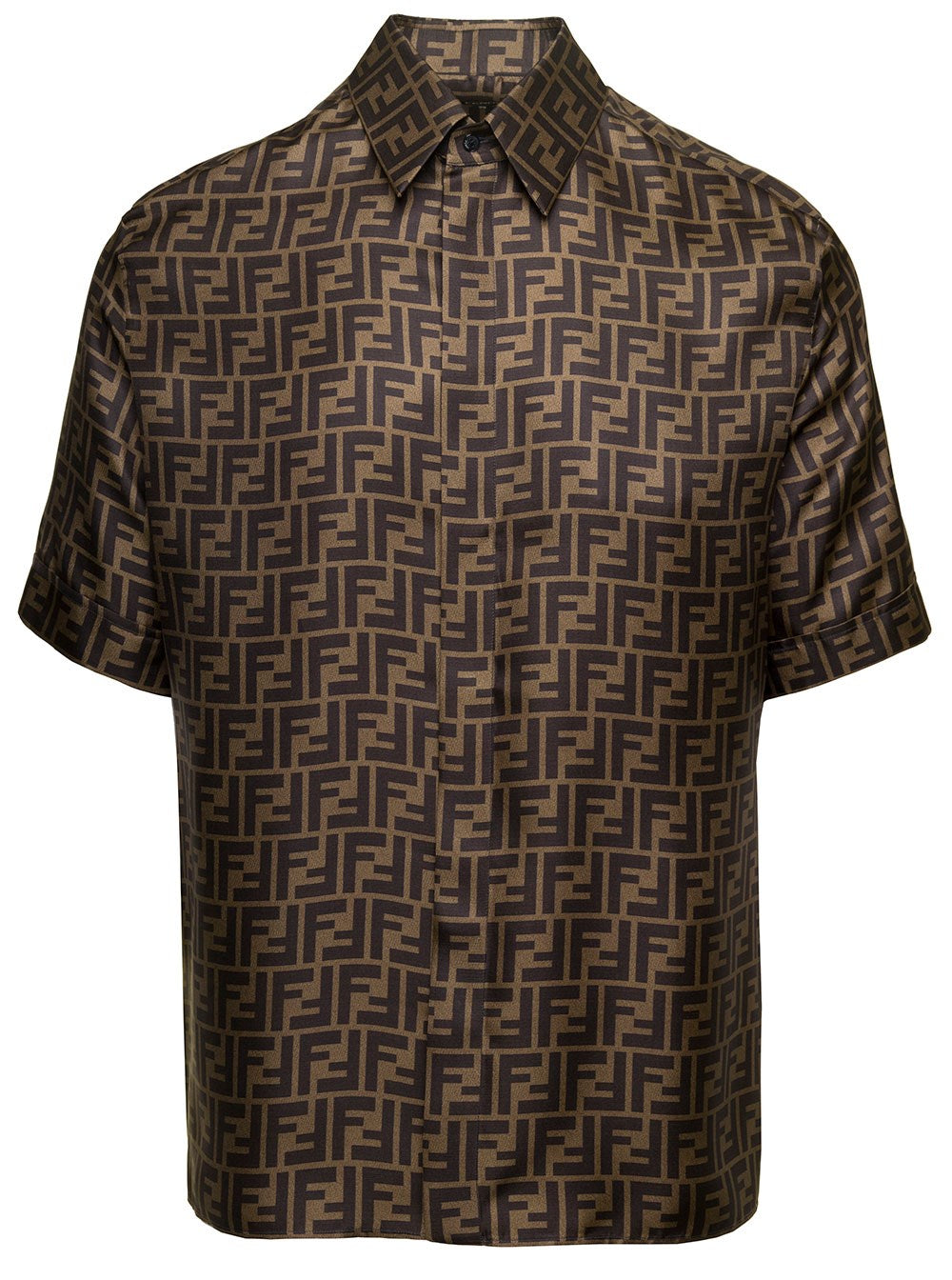 Fendi Brown Shirt with FF Motif in Silk Man