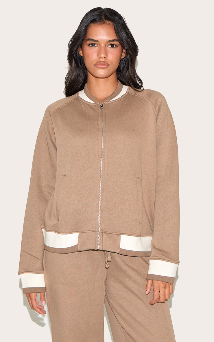 Taupe Contrast Seam Sweat Bomber Jacket
