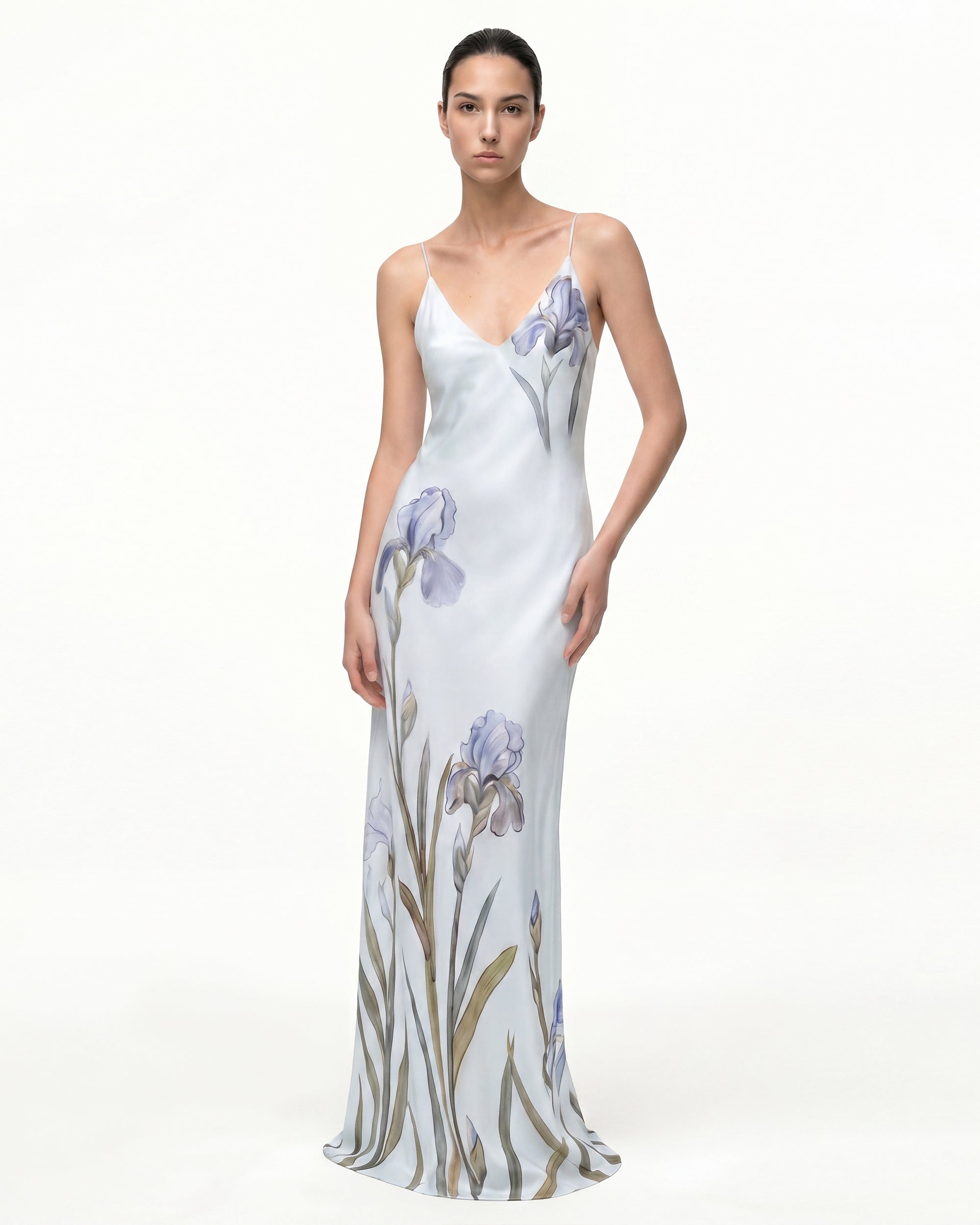 Iris Motif Satin Slip Gown - Olive Green
