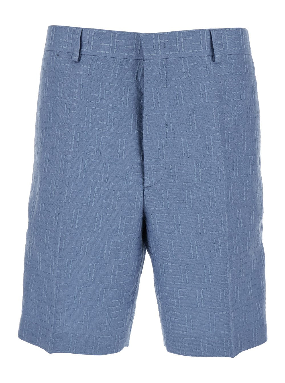 Fendi Blue Shorts with All-Over FF Jacquard in Linen Blend Man