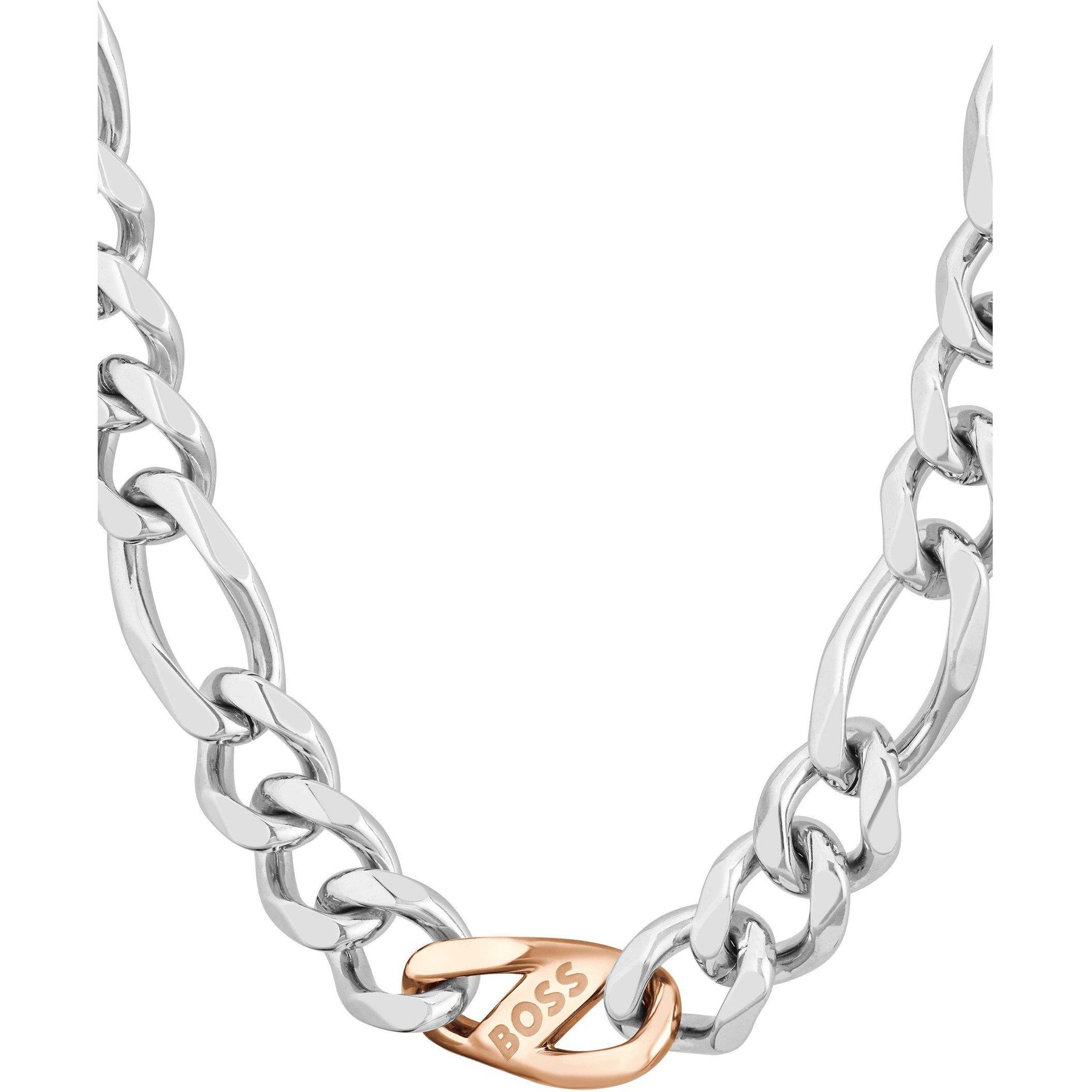 Gents BOSS Rian Stainless Steel and Carnation Gold IP Figaro Chain