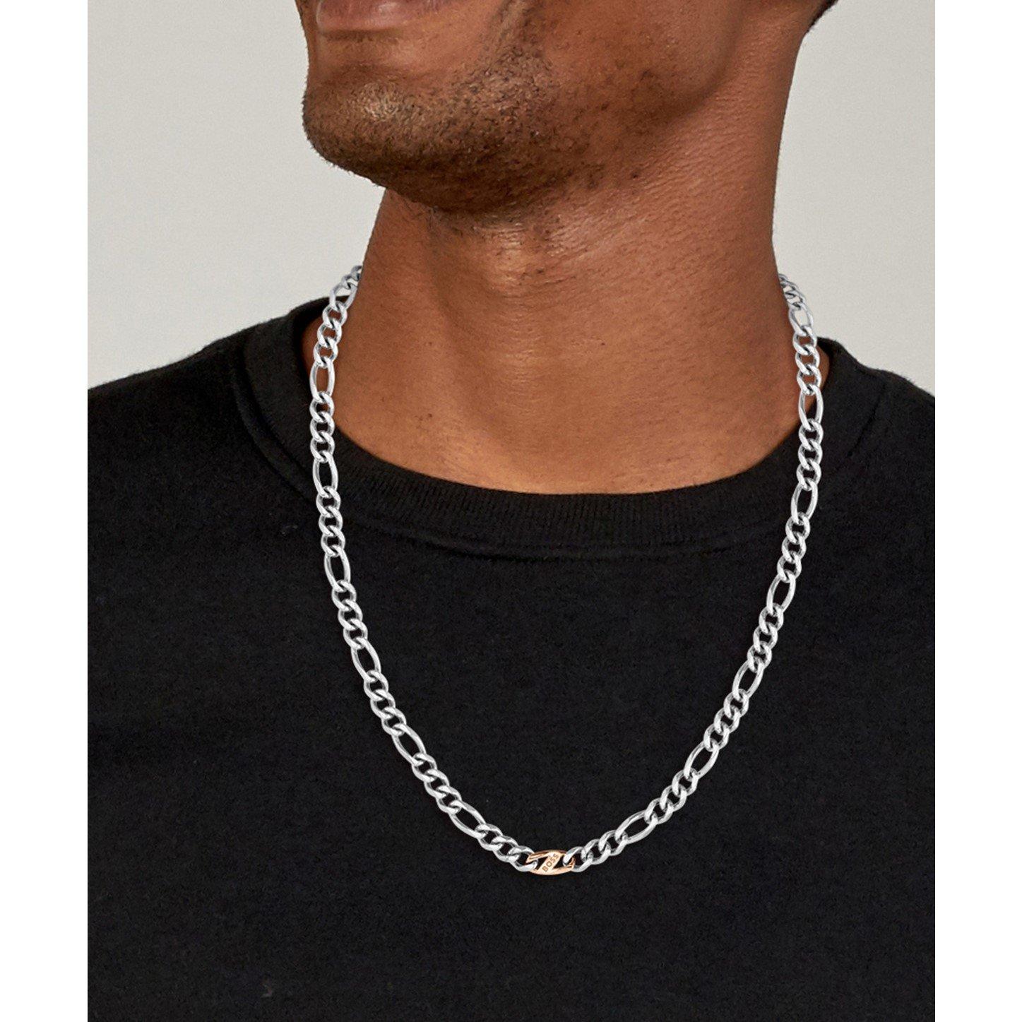 Gents BOSS Rian Stainless Steel and Carnation Gold IP Figaro Chain
