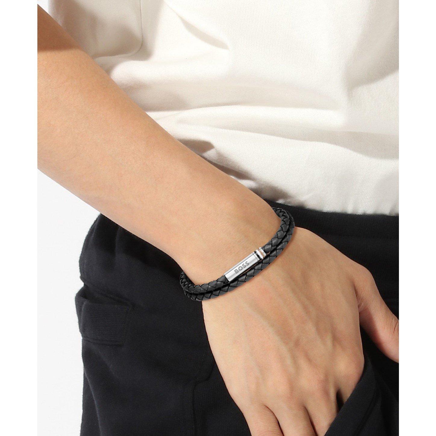 Gents BOSS Ares Double Wrap Leather Bracelet