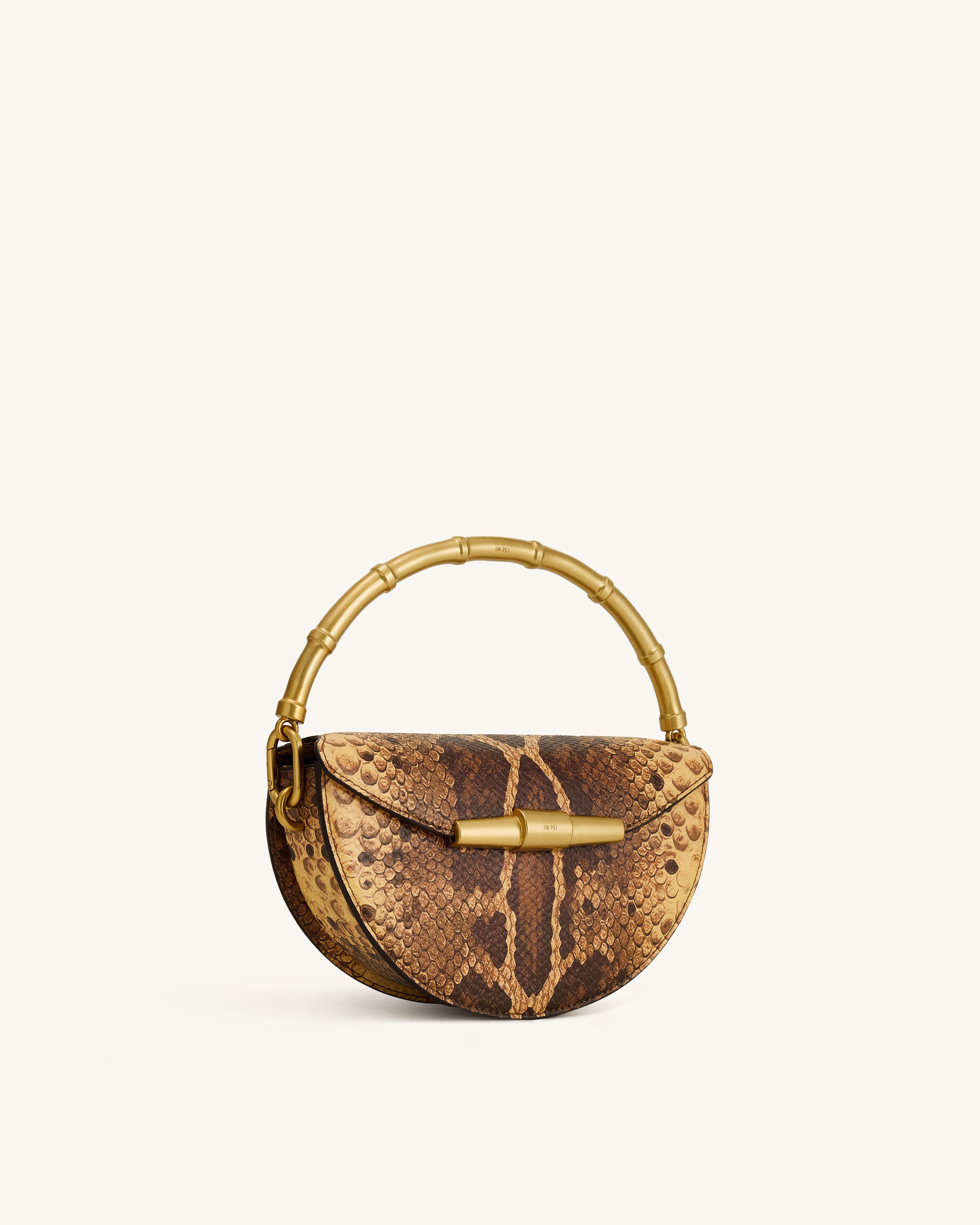 Sylvie Snake Print Half-Moon Top Handle Bag - Yellowish Brown