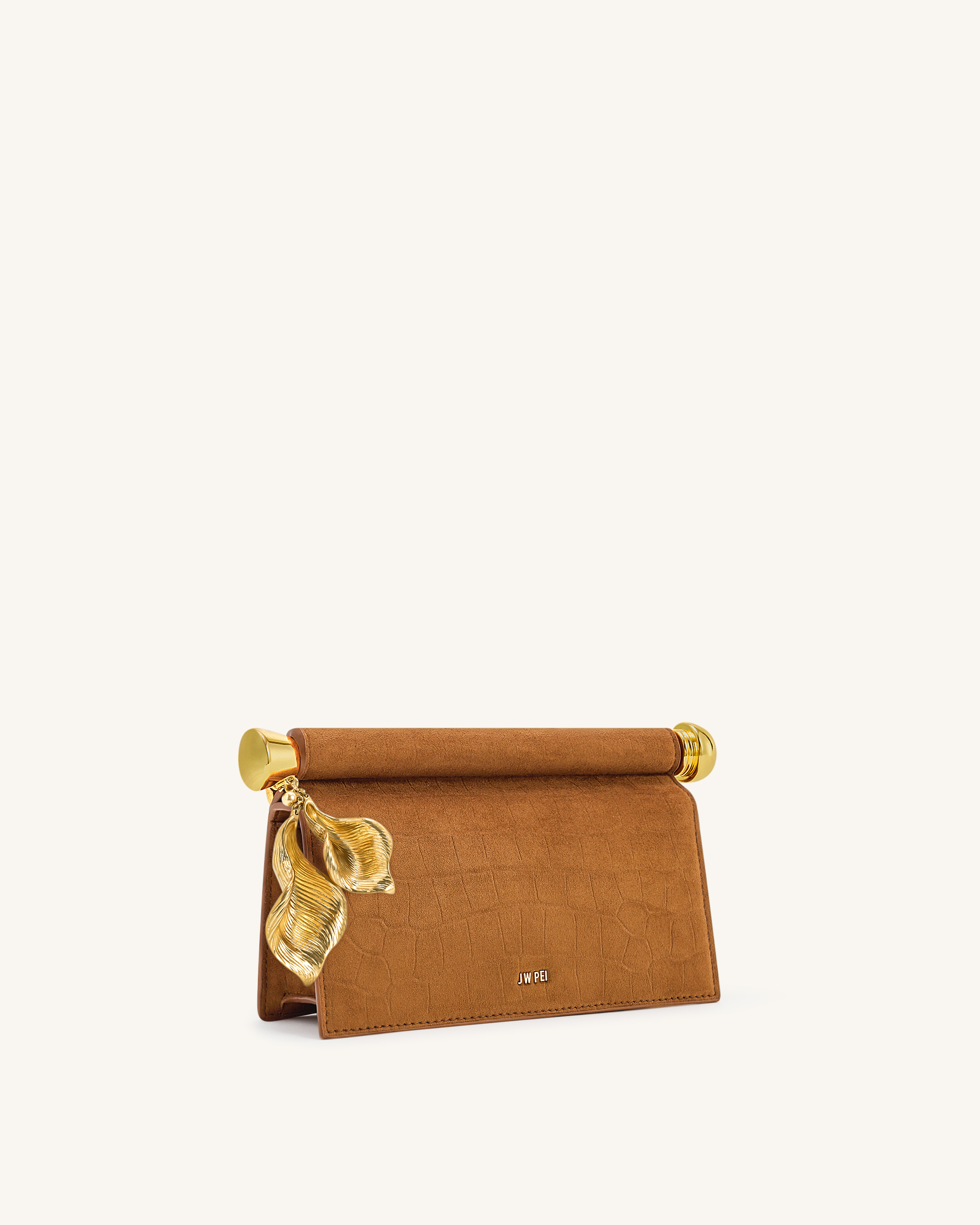 Holly Faux Suede Metal Pendant Embellished Clutch - Reddish Brown