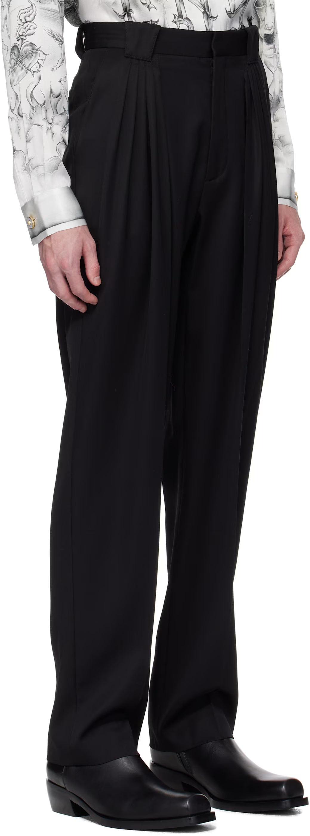 Black Wool Pleated Tailored Trousers