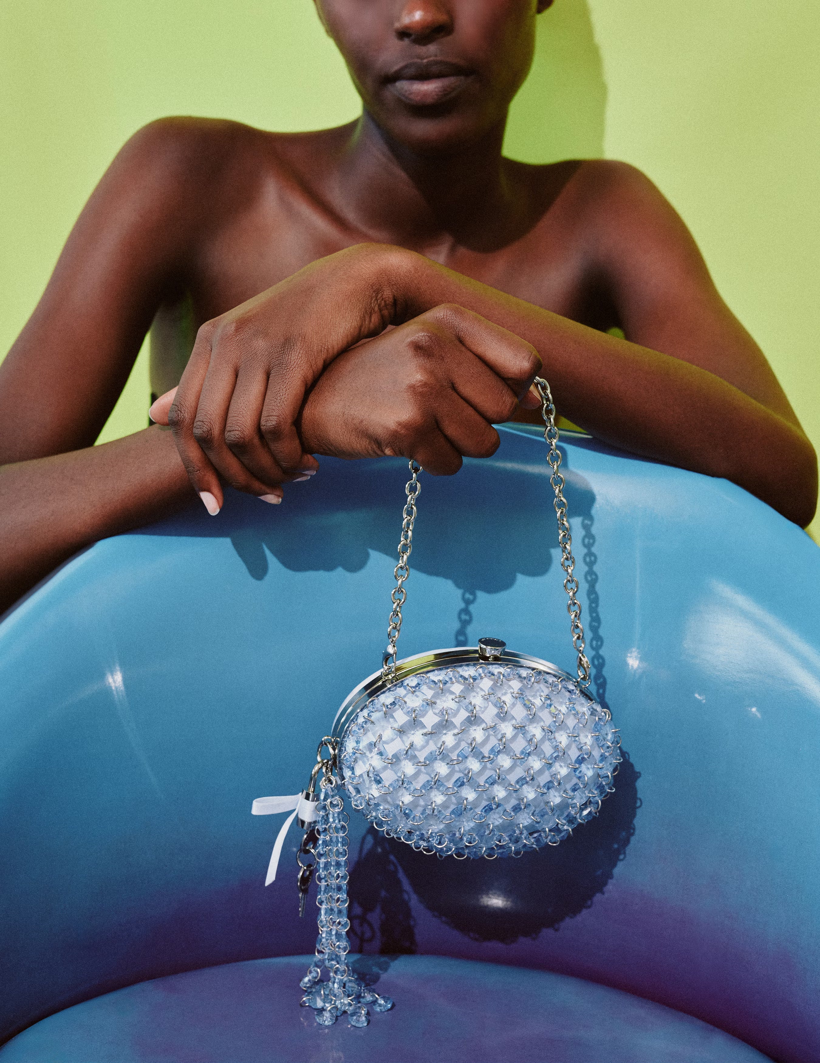 Blue Oval Crystal Chain Clutch Bag