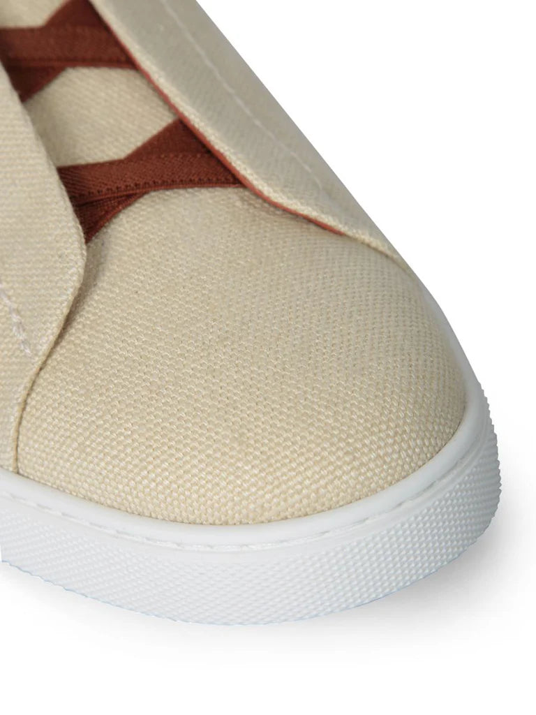 Zegna Beige Linen Sneakers with Brown Leather Accents