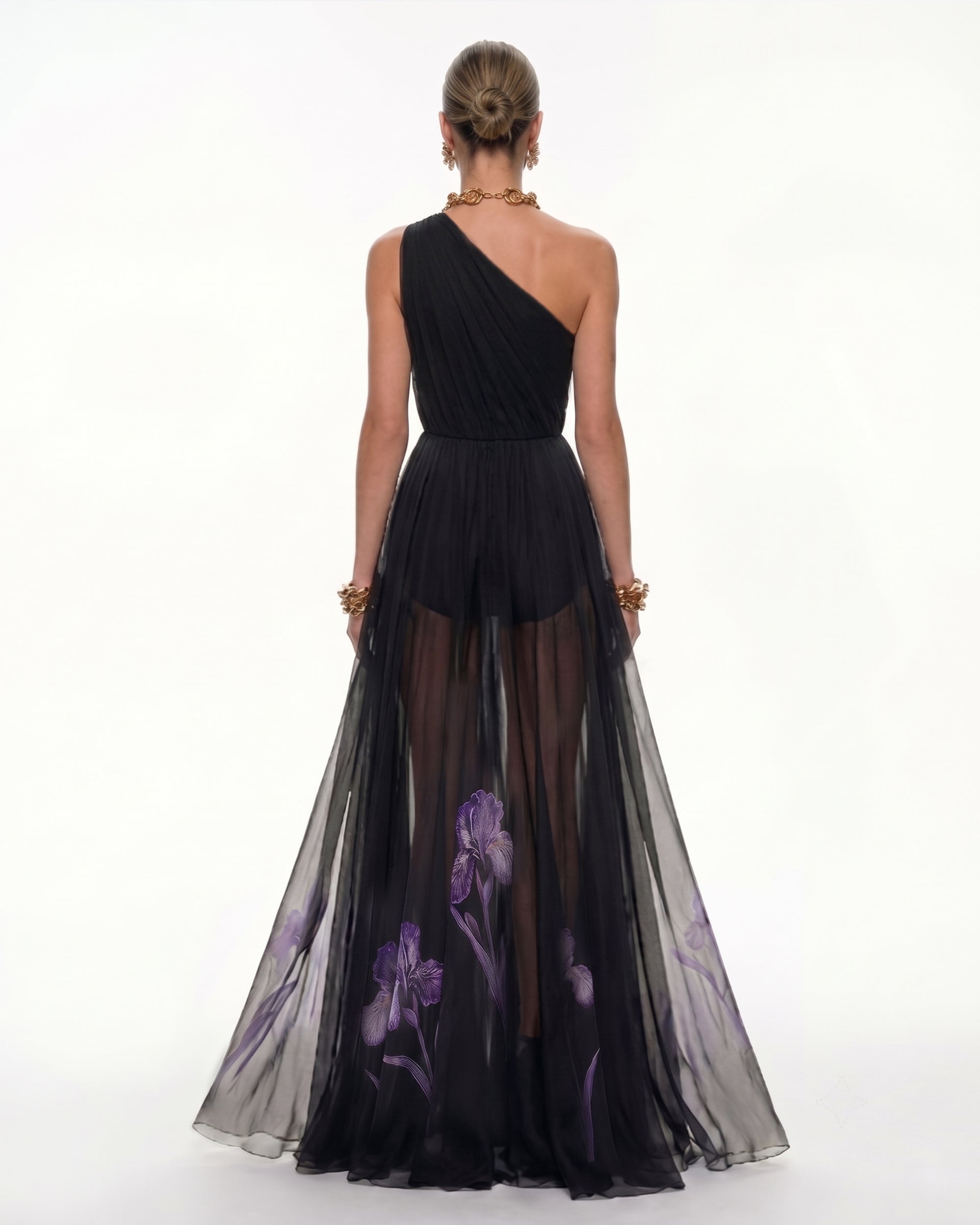 Floral One Shoulder Maxi Dress - Black