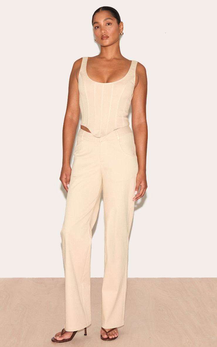 Cream Twill Dipped Waistband Straight Leg Trousers
