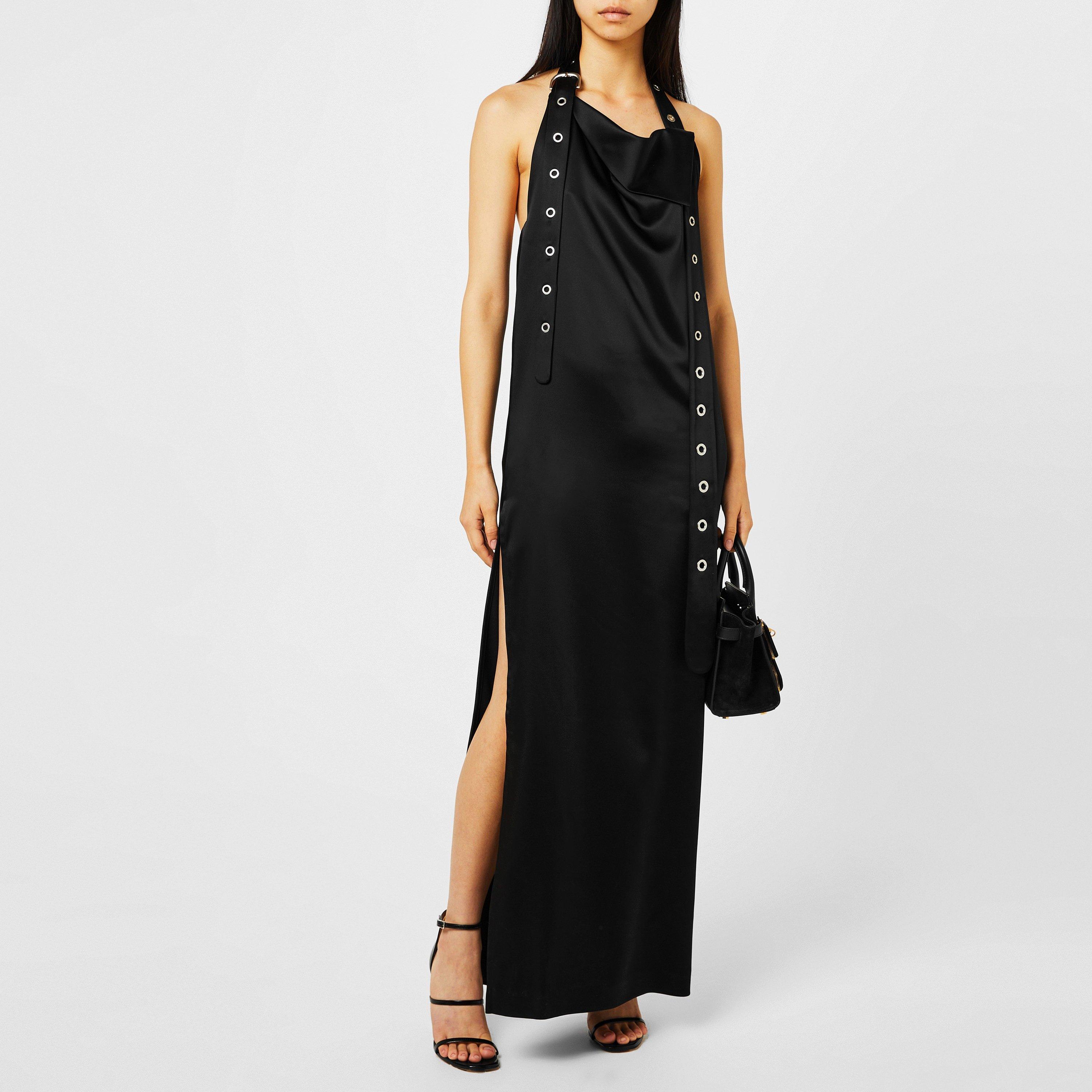 Belted Satin Halter Neck Evening Maxi Dress